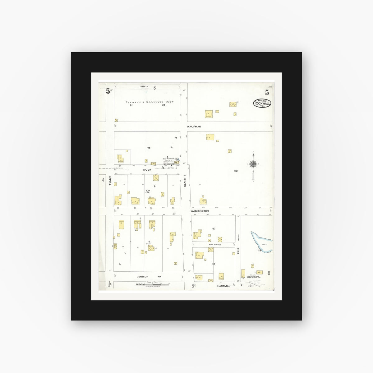 Old map wall art mockup — black gallery frame with white mat — Sanborn Fire Insurance Map from Rockwall, Rockwall County, Texas (1923), Sheet #0005
