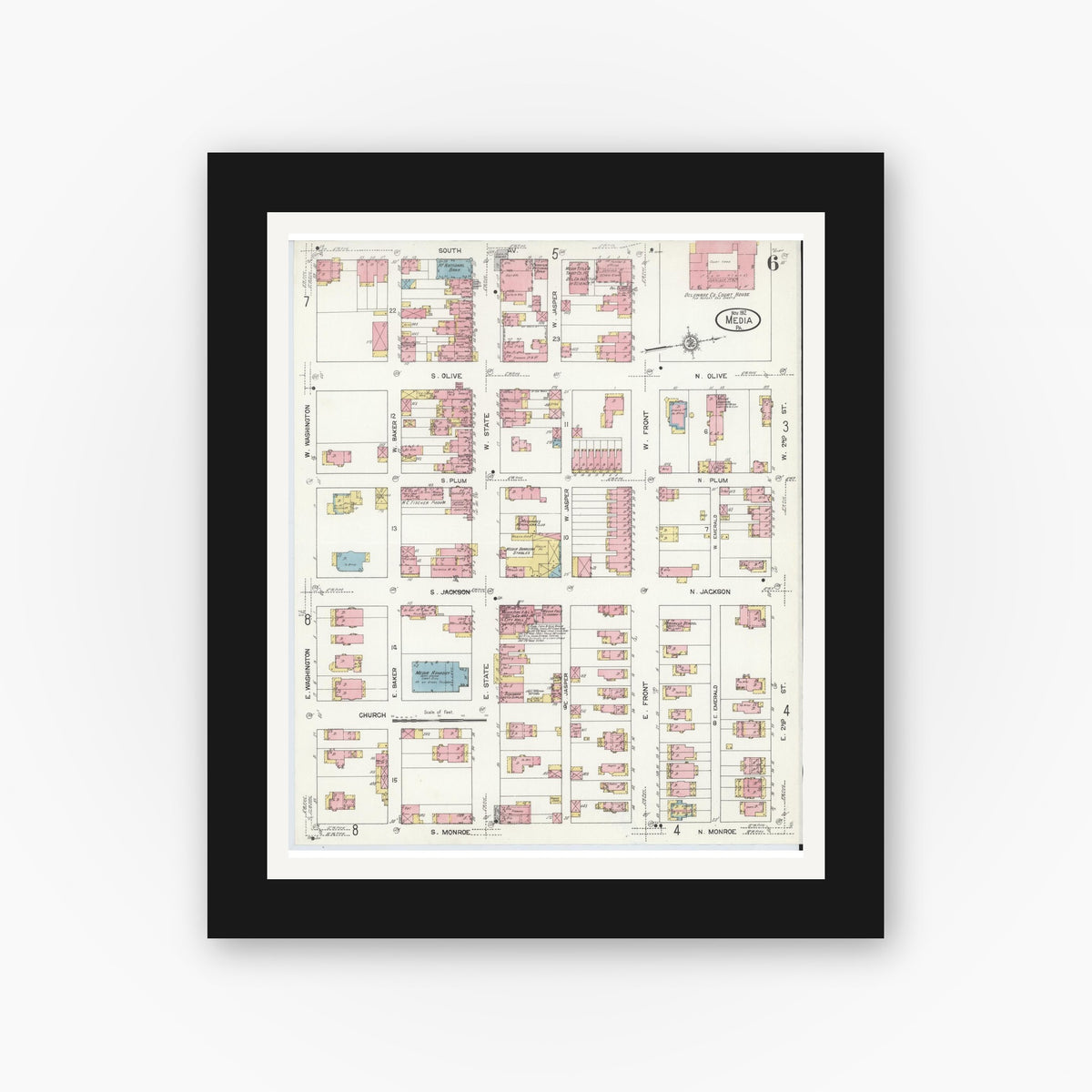 Old map wall art mockup — black gallery frame with white mat — Sanborn Fire Insurance Map from Media, Delaware County, Pennsylvania (1912), Sheet #0006
