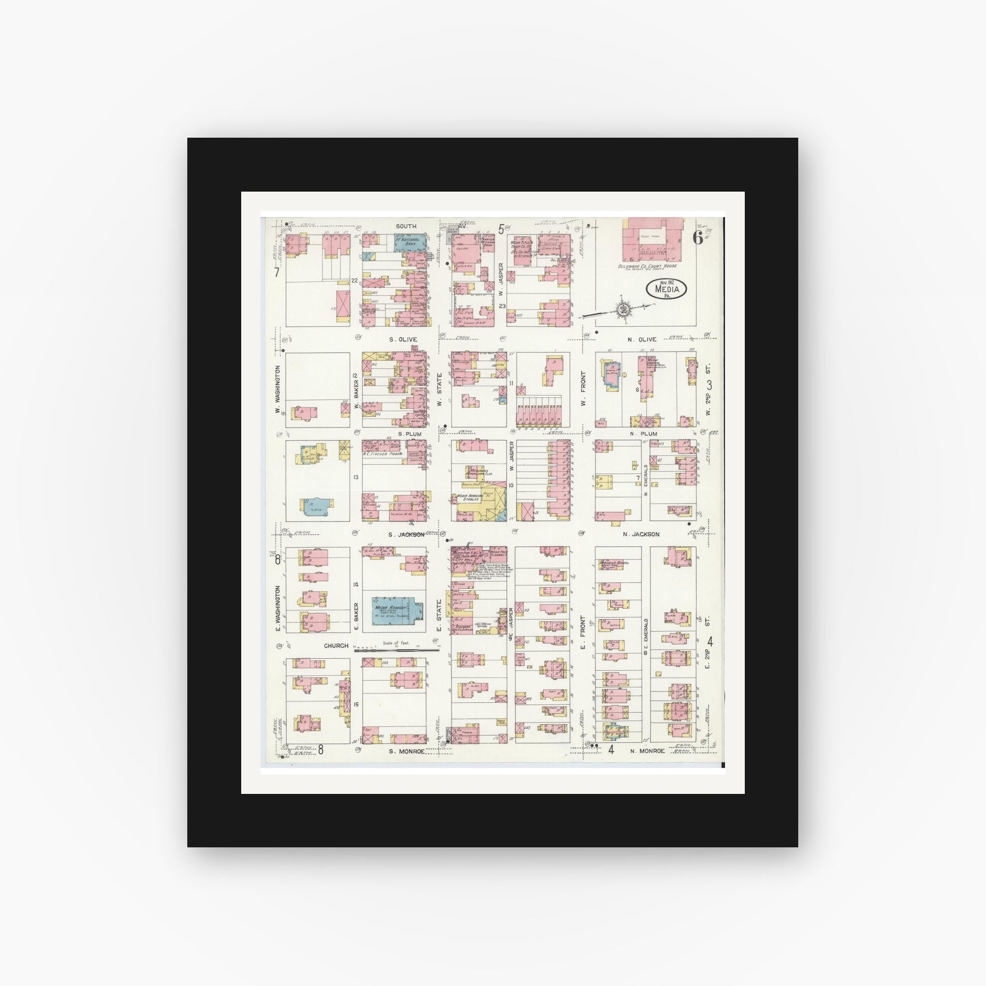 Old map wall art mockup — black gallery frame with white mat — Sanborn Fire Insurance Map from Media, Delaware County, Pennsylvania (1912), Sheet #0006