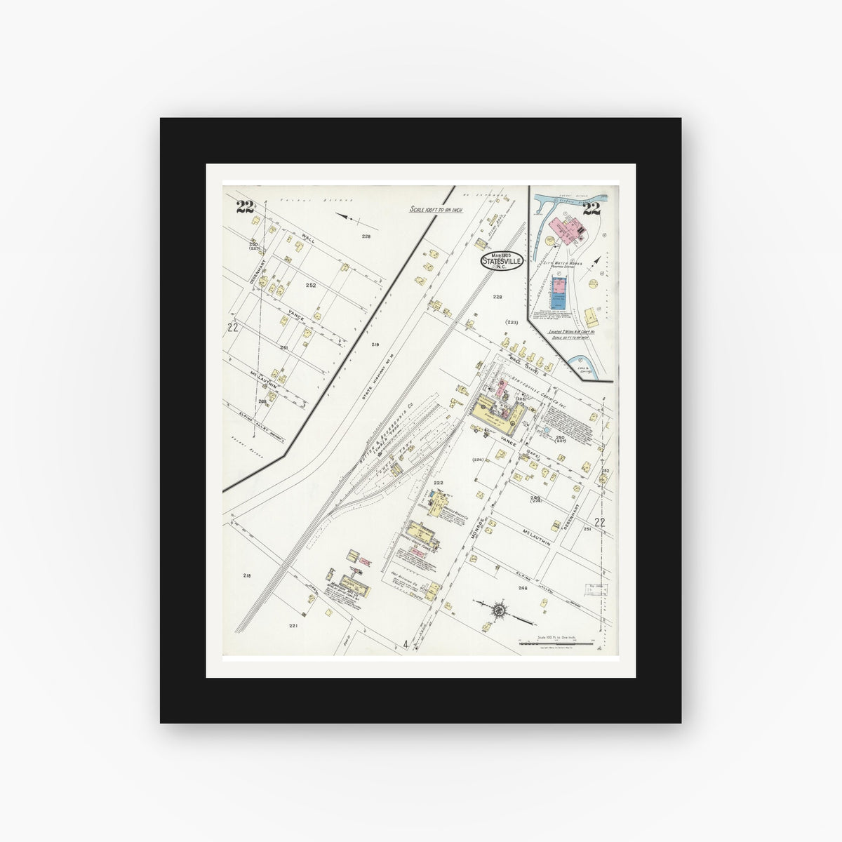 Old map wall art mockup — black gallery frame with white mat — Sanborn Fire Insurance Map from Statesville, Iredell County, North Carolina (1925), Sheet #0022