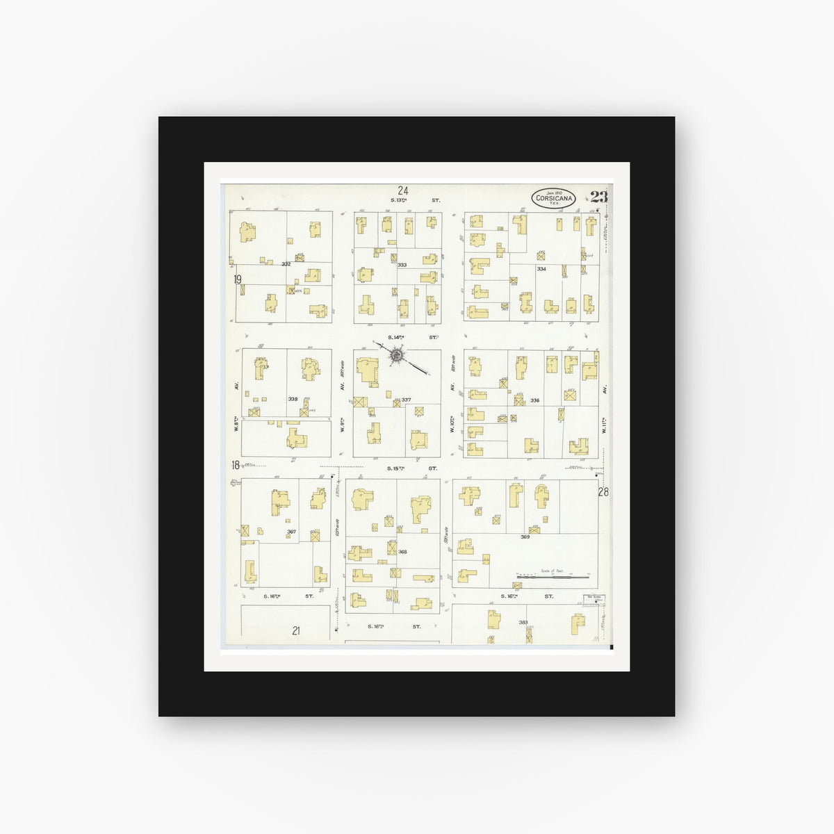 Old map wall art mockup — black gallery frame with white mat — Sanborn Fire Insurance Map from Corsicana, Navarro County, Texas (1910), Sheet #0023