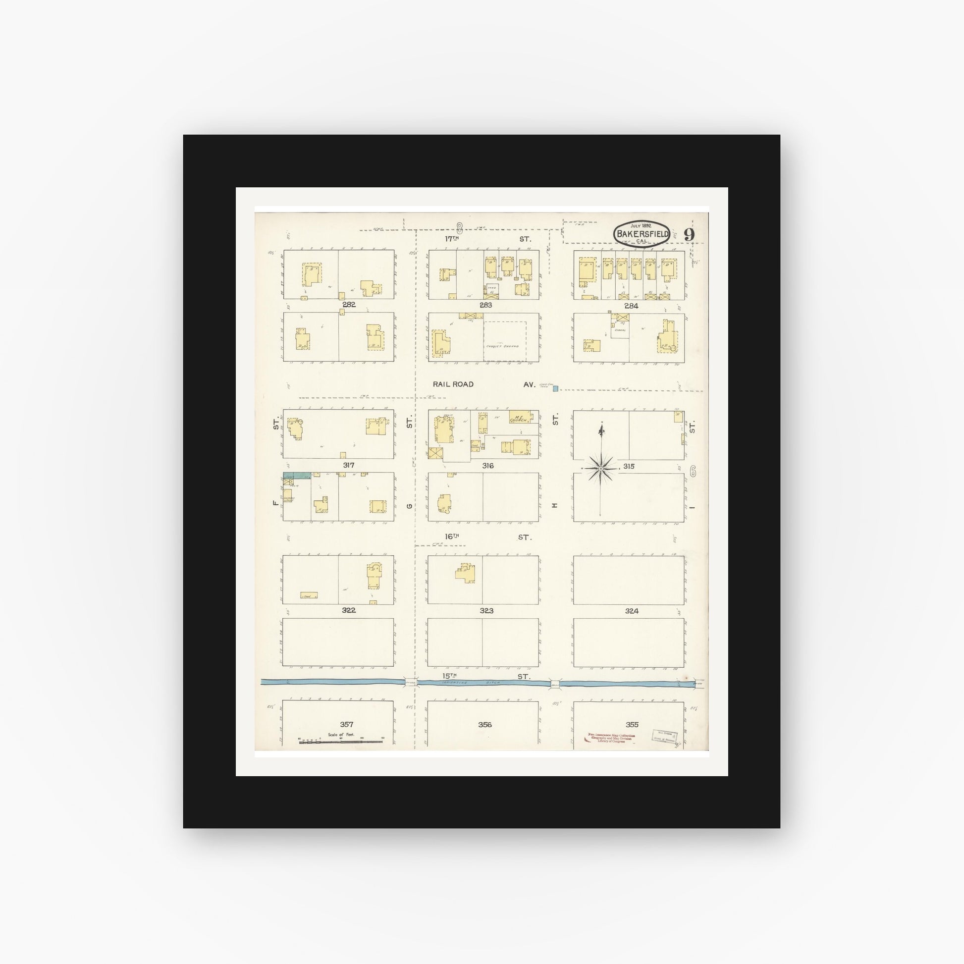Old map wall art mockup — black gallery frame with white mat — Sanborn Fire Insurance Map from Bakersfield, Kern County, California (1892), Sheet #0009