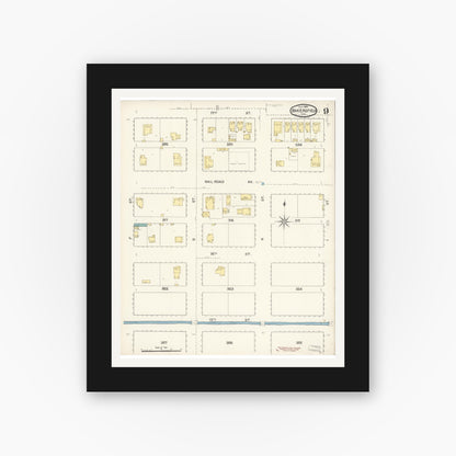 Old map wall art mockup — black gallery frame with white mat — Sanborn Fire Insurance Map from Bakersfield, Kern County, California (1892), Sheet #0009