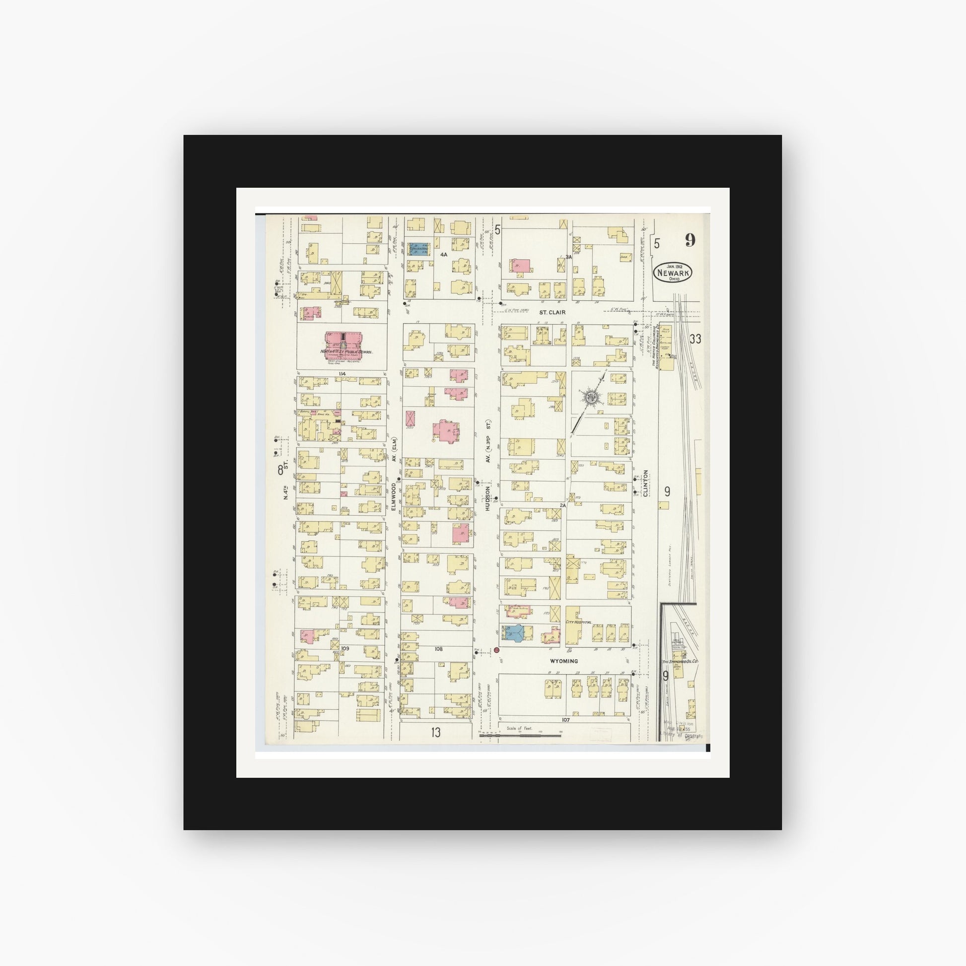 Old map wall art mockup — black gallery frame with white mat — Sanborn Fire Insurance Map from Newark, Licking County, Ohio (1912), Sheet #0009
