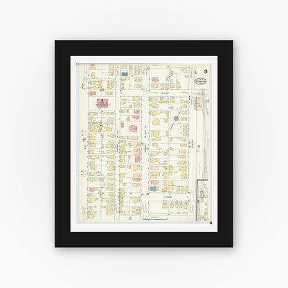 Old map wall art mockup — black gallery frame with white mat — Sanborn Fire Insurance Map from Newark, Licking County, Ohio (1912), Sheet #0009