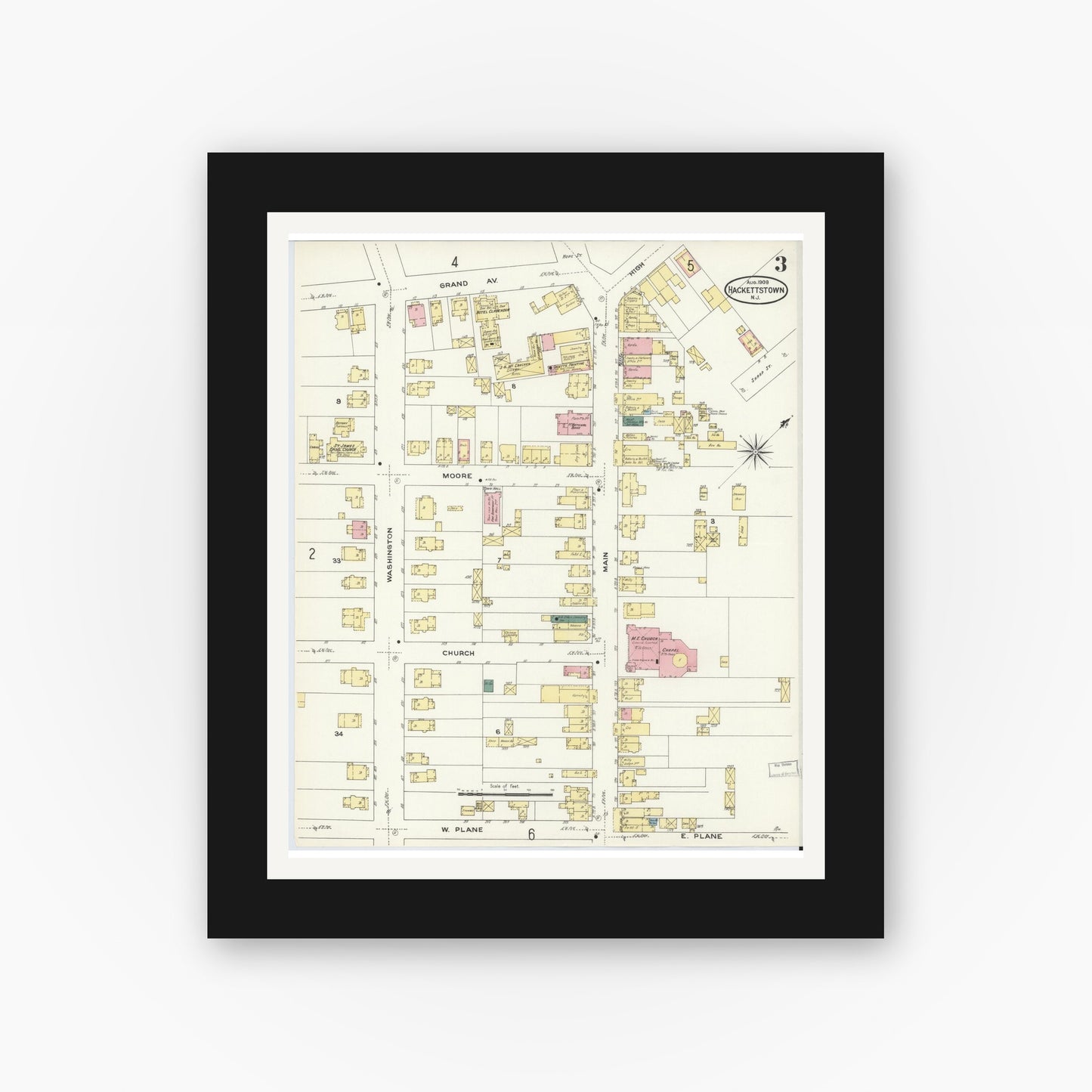 Old map wall art mockup — black gallery frame with white mat — Sanborn Fire Insurance Map from Hackettstown, Warren County, New Jersey (1909), Sheet #0003