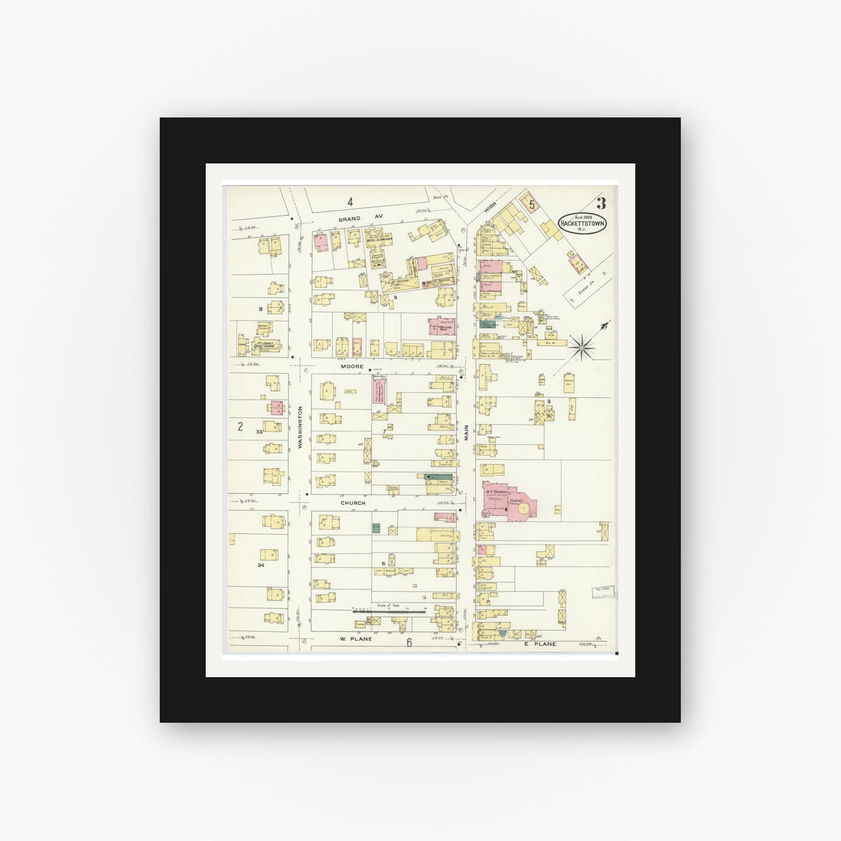 Old map wall art mockup — black gallery frame with white mat — Sanborn Fire Insurance Map from Hackettstown, Warren County, New Jersey (1909), Sheet #0003