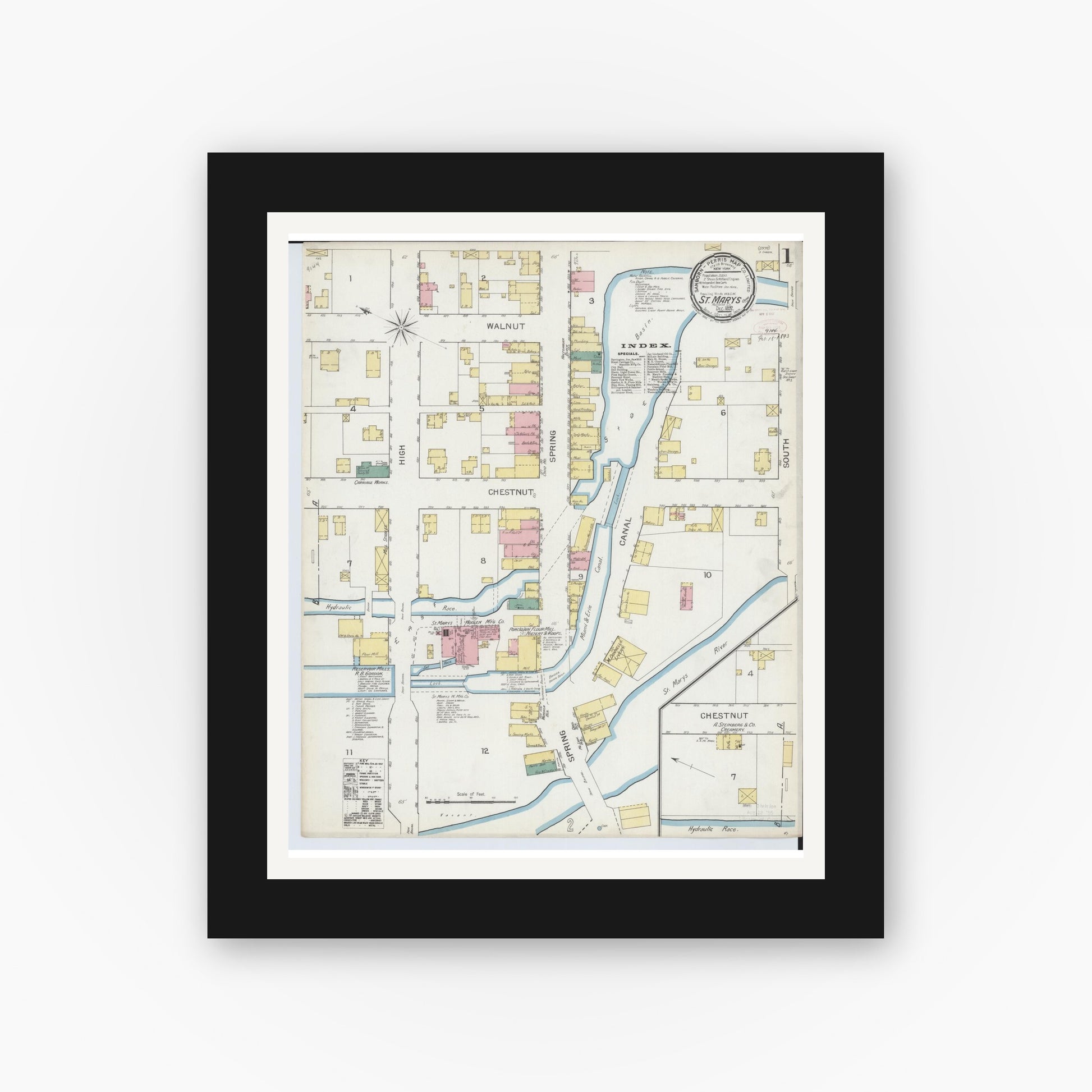 Old map wall art mockup — black gallery frame with white mat — Sanborn Fire Insurance Map from Saint Marys, Auglaize County, Ohio (1892) - Complete Map Set