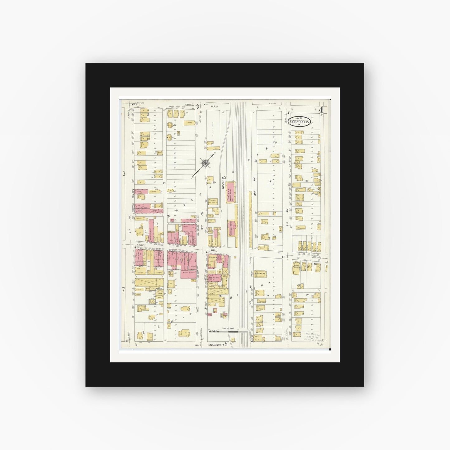 Old map wall art mockup — black gallery frame with white mat — Sanborn Fire Insurance Map from Coraopolis, Allegheny County, Pennsylvania (1911), Sheet #0004