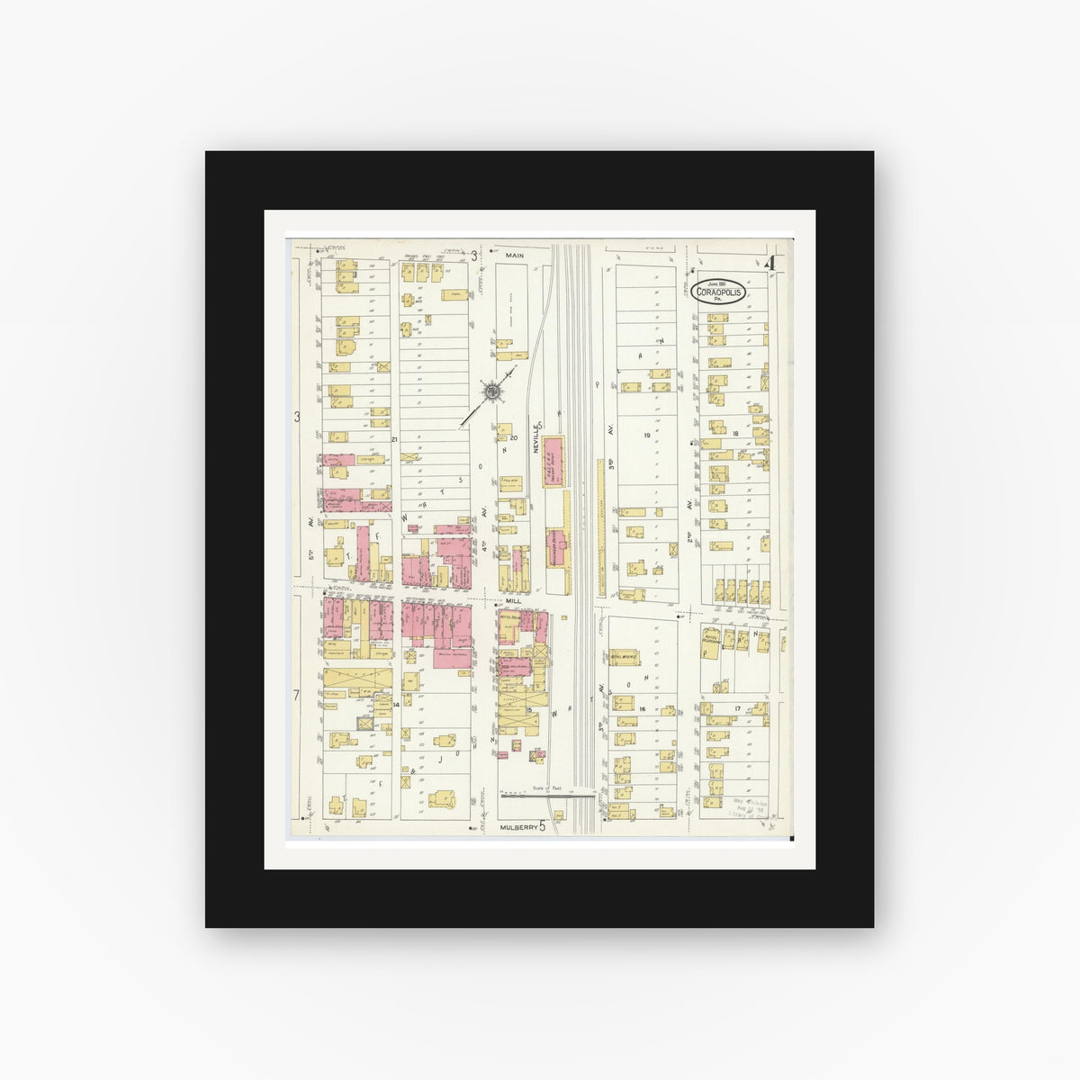 Old map wall art mockup — black gallery frame with white mat — Sanborn Fire Insurance Map from Coraopolis, Allegheny County, Pennsylvania (1911), Sheet #0004