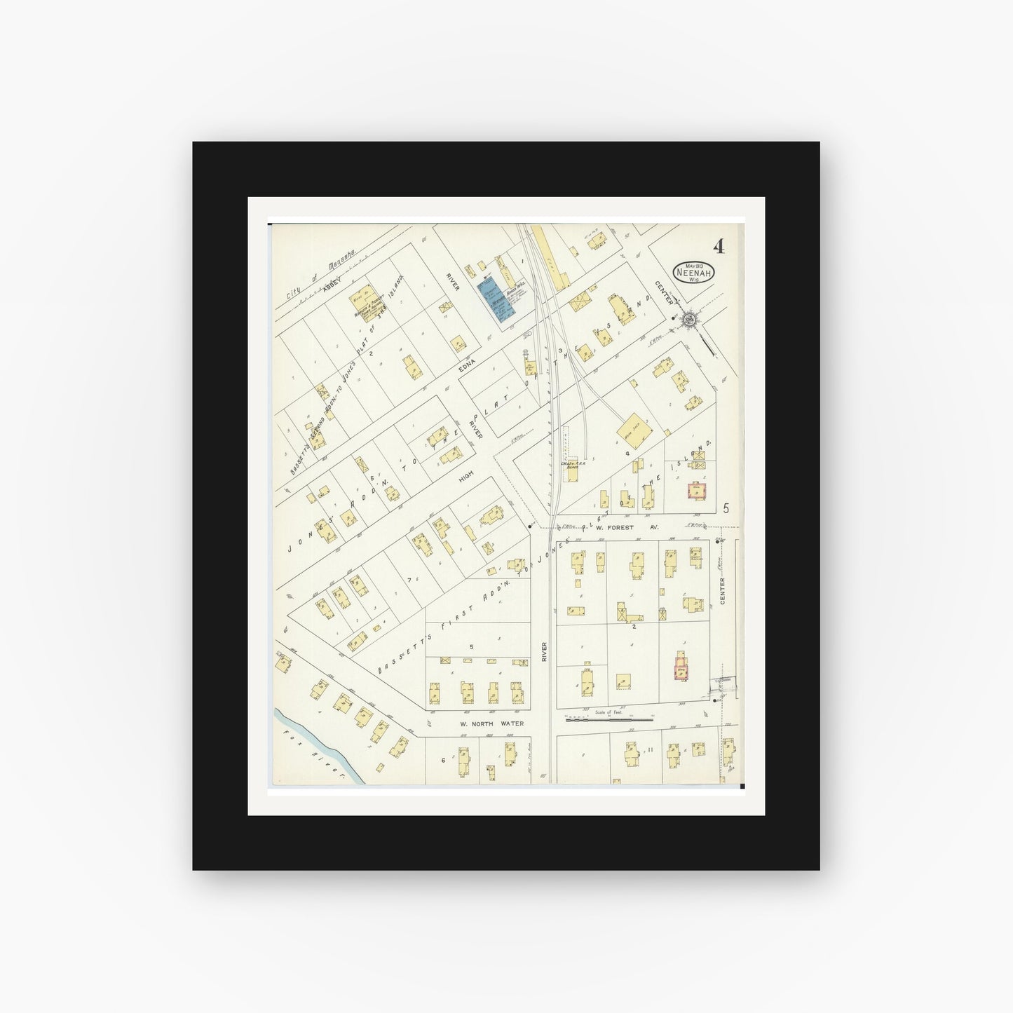 Old map wall art mockup — black gallery frame with white mat — Sanborn Fire Insurance Map from Neenah, Winnebago County, Wisconsin (1913), Sheet #0004