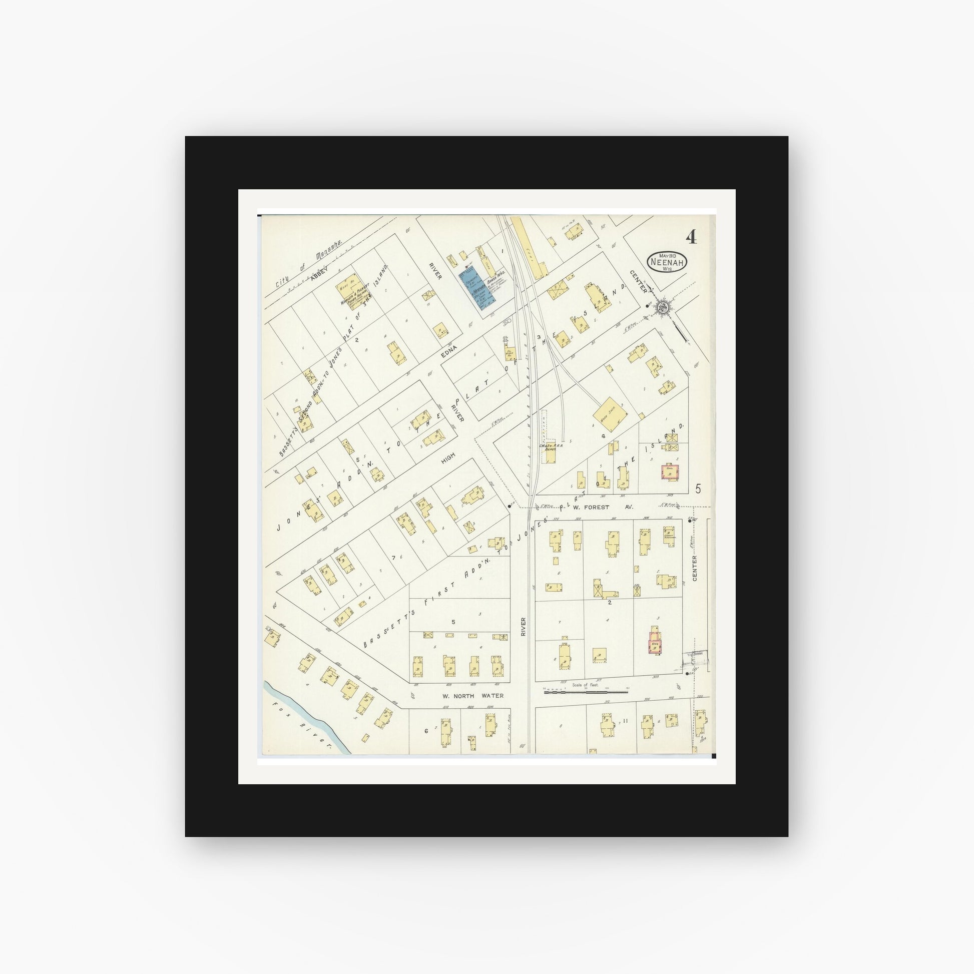 Old map wall art mockup — black gallery frame with white mat — Sanborn Fire Insurance Map from Neenah, Winnebago County, Wisconsin (1913), Sheet #0004