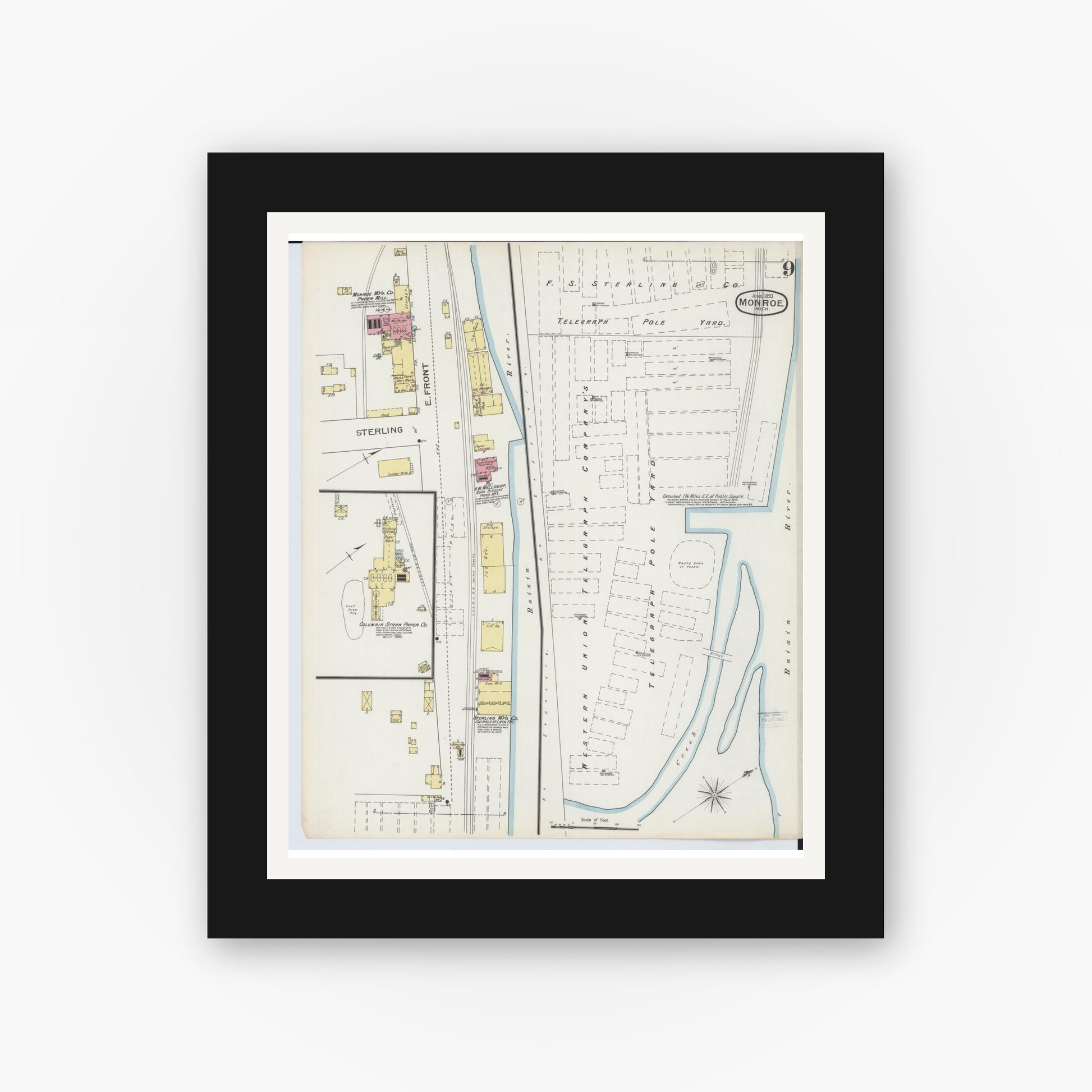 Old map wall art mockup — black gallery frame with white mat — Sanborn Fire Insurance Map from Monroe, Monroe County, Michigan (1893), Sheet #0009