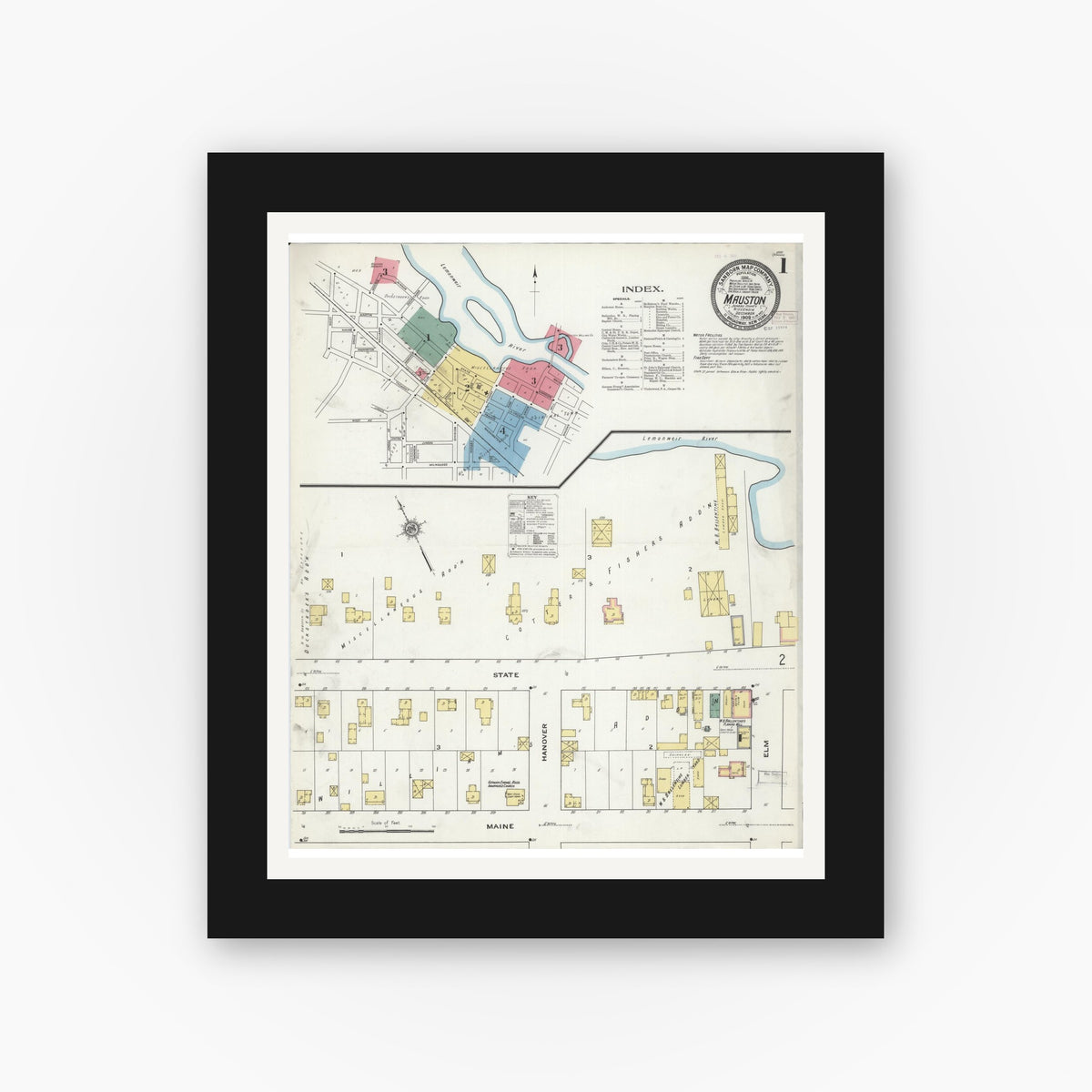 Old map wall art mockup — black gallery frame with white mat — Sanborn Fire Insurance Map from Mauston, Juneau County, Wisconsin (1909), Sheet #0001