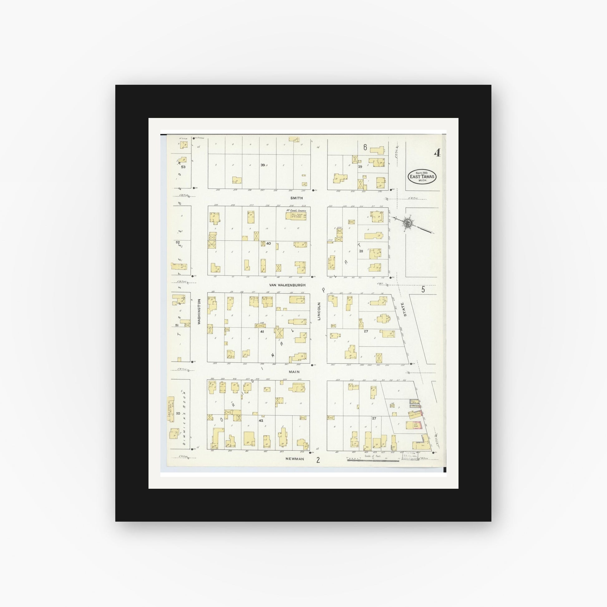 Old map wall art mockup — black gallery frame with white mat — Sanborn Fire Insurance Map from East Tawas, Iosco County, Michigan (1910), Sheet #0004