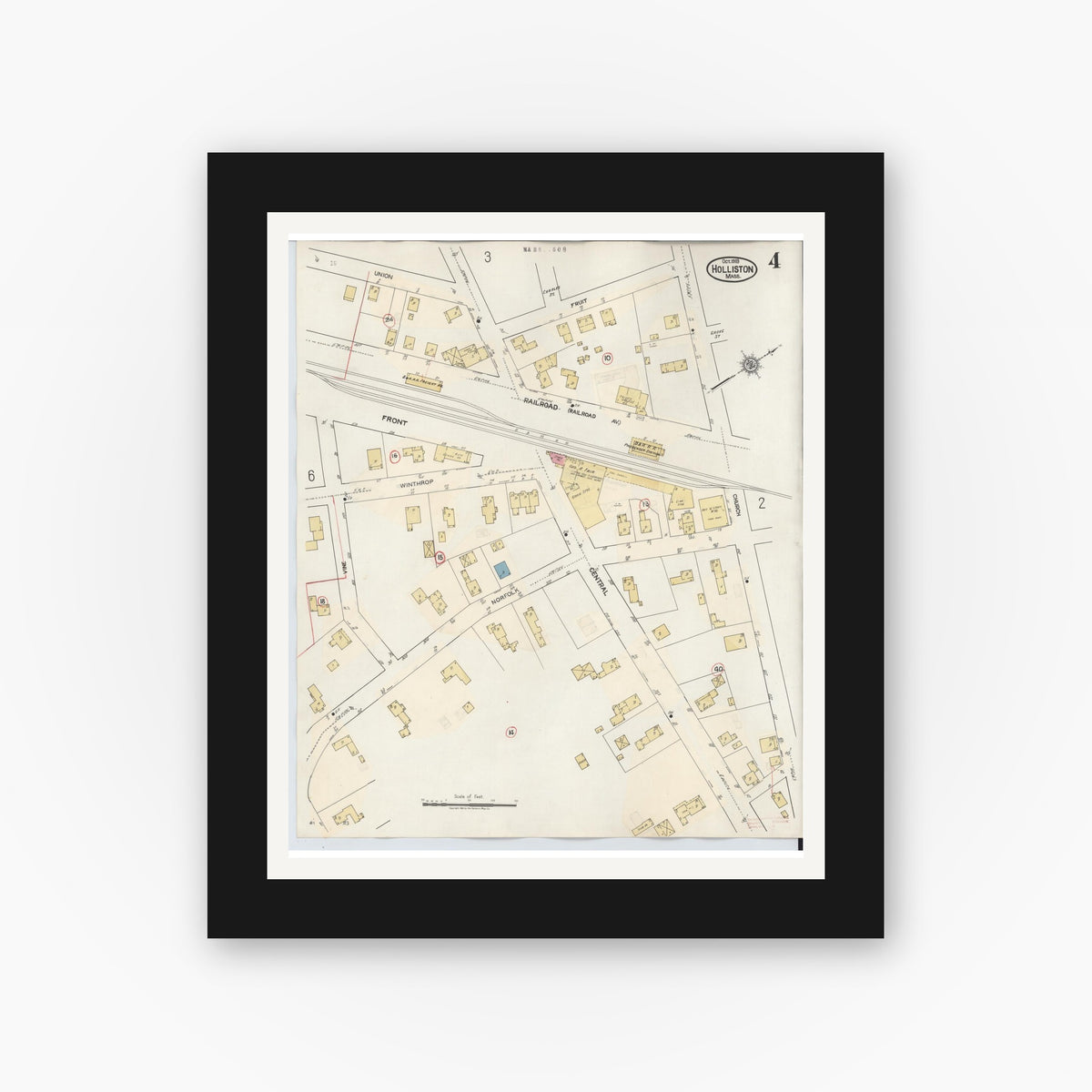 Old map wall art mockup — black gallery frame with white mat — Sanborn Fire Insurance Map from Holliston, Middlesex County, Massachusetts (1942), Sheet #0004