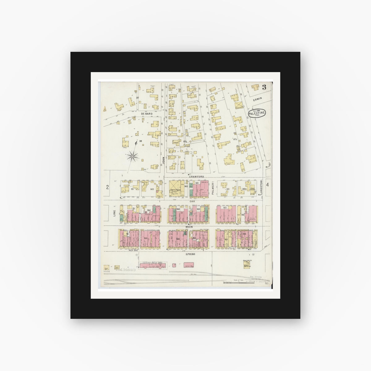 Old map wall art mockup — black gallery frame with white mat — Sanborn Fire Insurance Map from Palestine, Anderson County, Texas (1896), Sheet #0003
