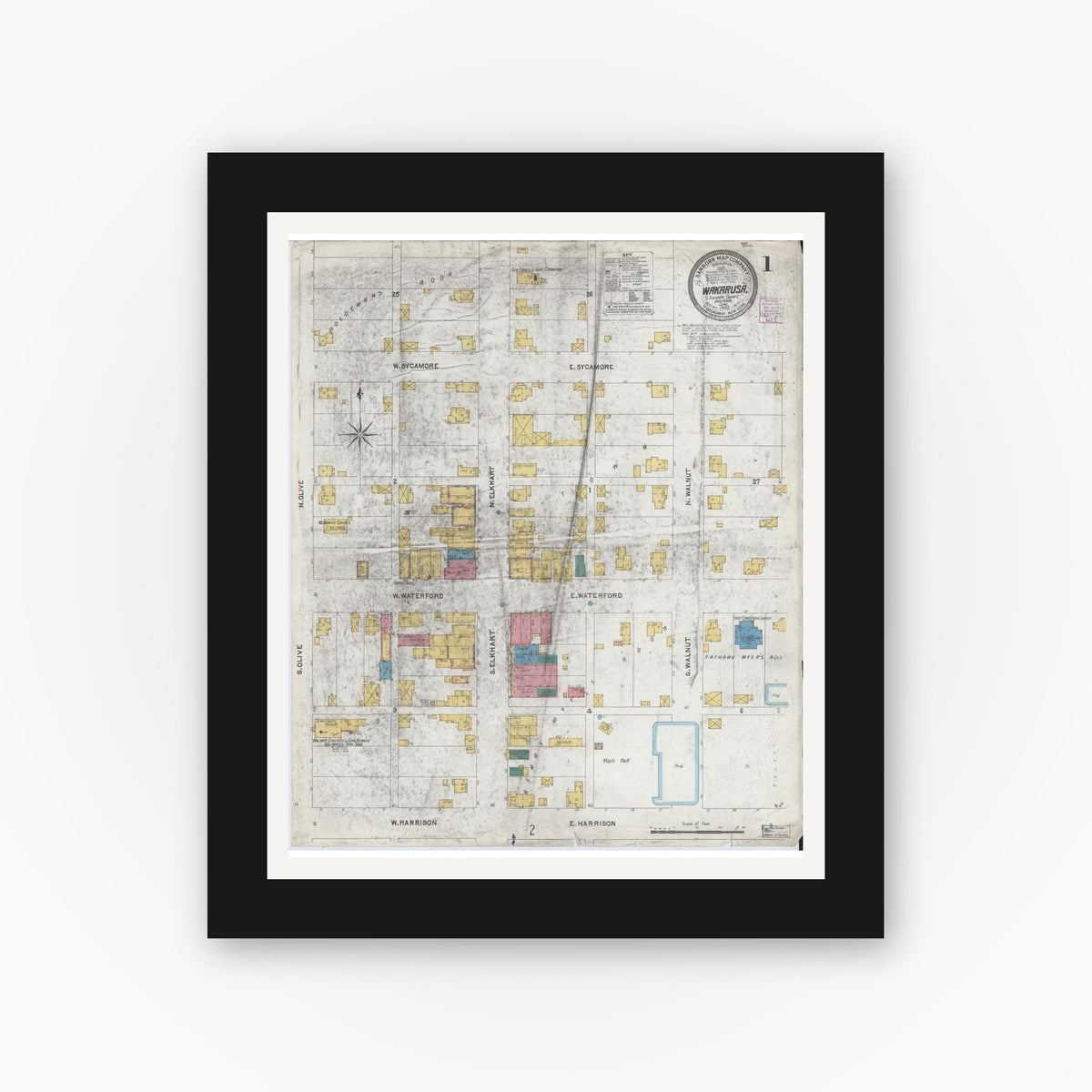 Old map wall art mockup — black gallery frame with white mat — Sanborn Fire Insurance Map from Wakarusa, Elkhart County, Indiana (1905), Sheet #0001