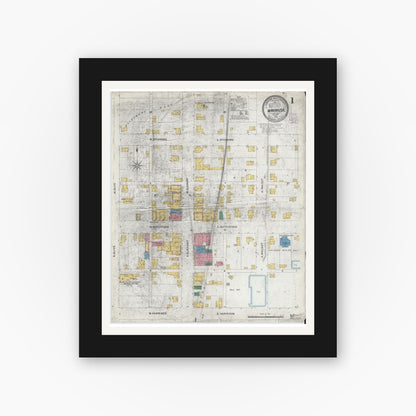 Old map wall art mockup — black gallery frame with white mat — Sanborn Fire Insurance Map from Wakarusa, Elkhart County, Indiana (1905), Sheet #0001