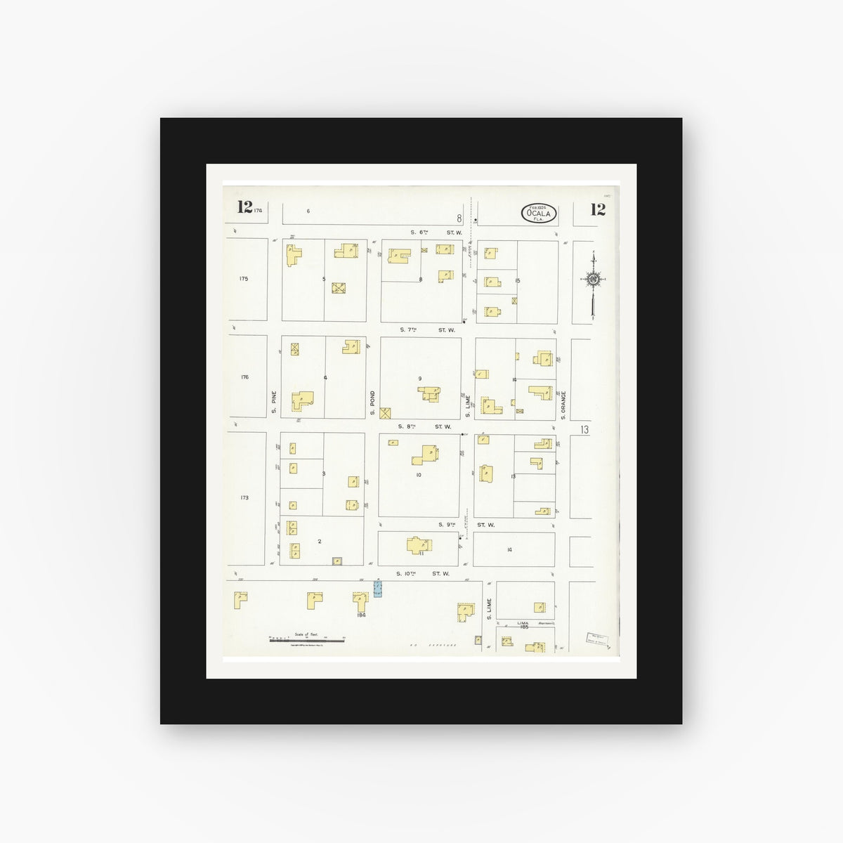 Old map wall art mockup — black gallery frame with white mat — Sanborn Fire Insurance Map from Ocala, Marion County, Florida (1924), Sheet #0012