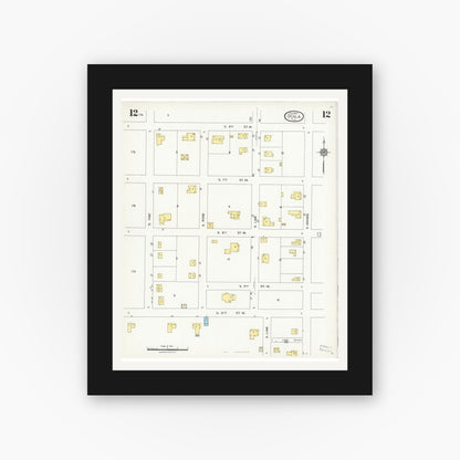 Old map wall art mockup — black gallery frame with white mat — Sanborn Fire Insurance Map from Ocala, Marion County, Florida (1924), Sheet #0012