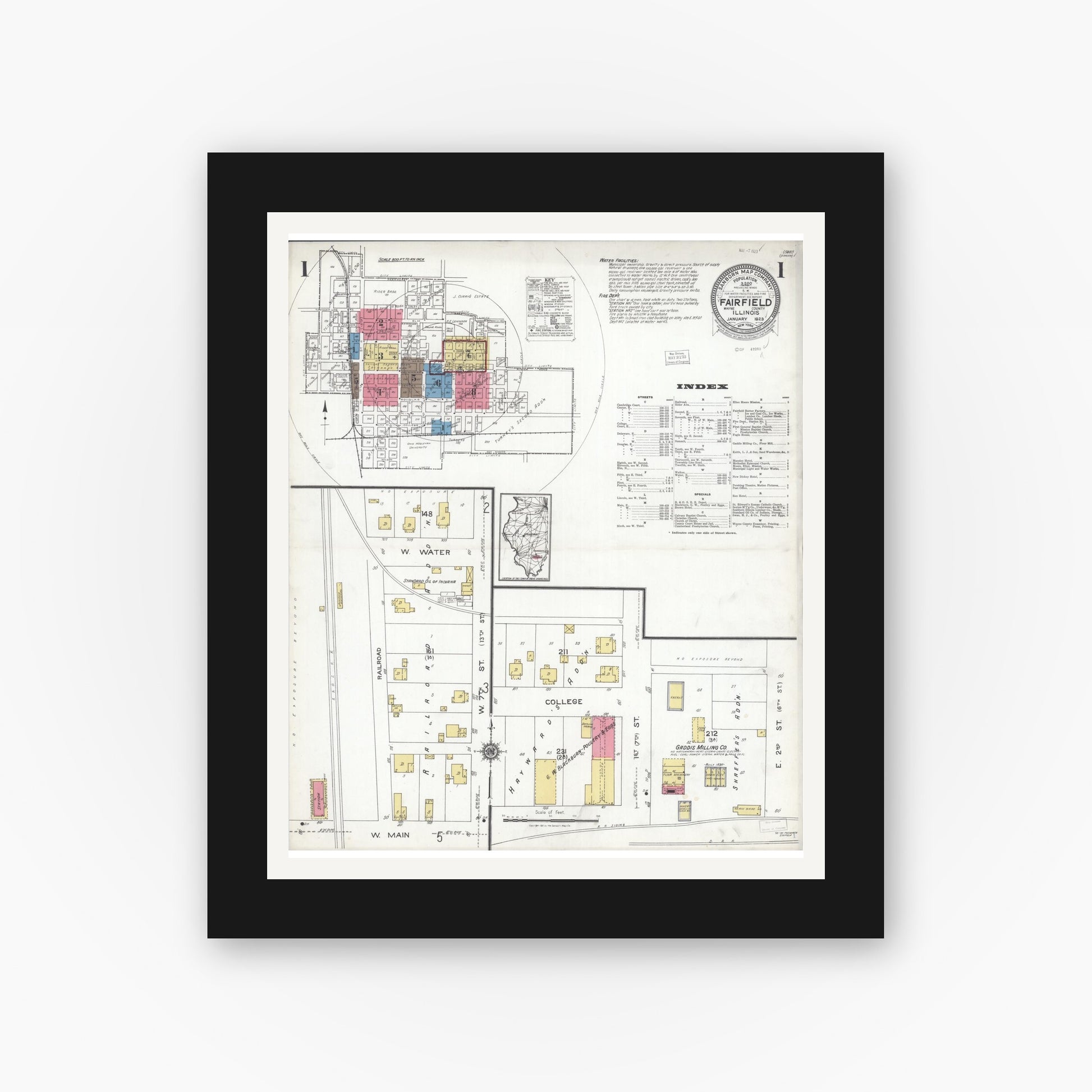 Old map wall art mockup — black gallery frame with white mat — Sanborn Fire Insurance Map from Fairfield, Wayne County, Illinois (1923) - Complete Map Set