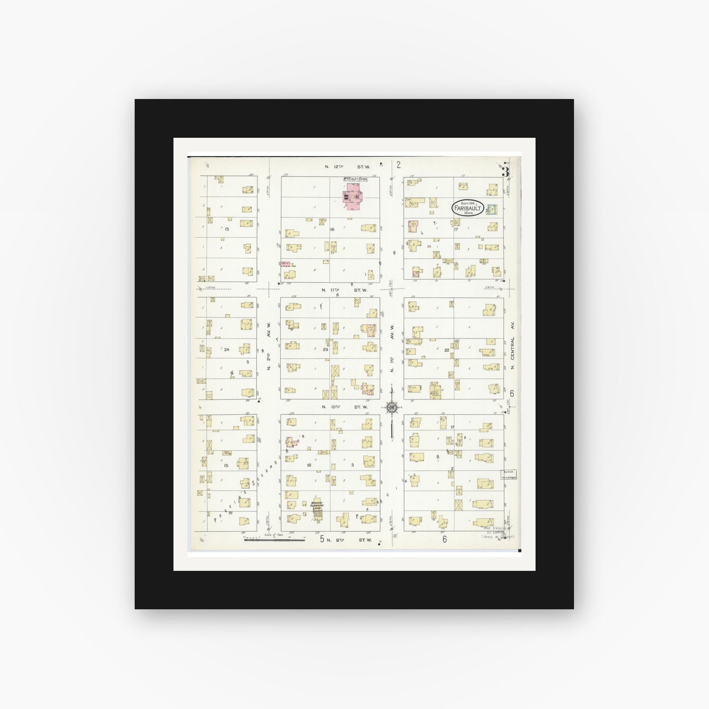 Old map wall art mockup — black gallery frame with white mat — Sanborn Fire Insurance Map from Faribault, Rice County, Minnesota (1914), Sheet #0003