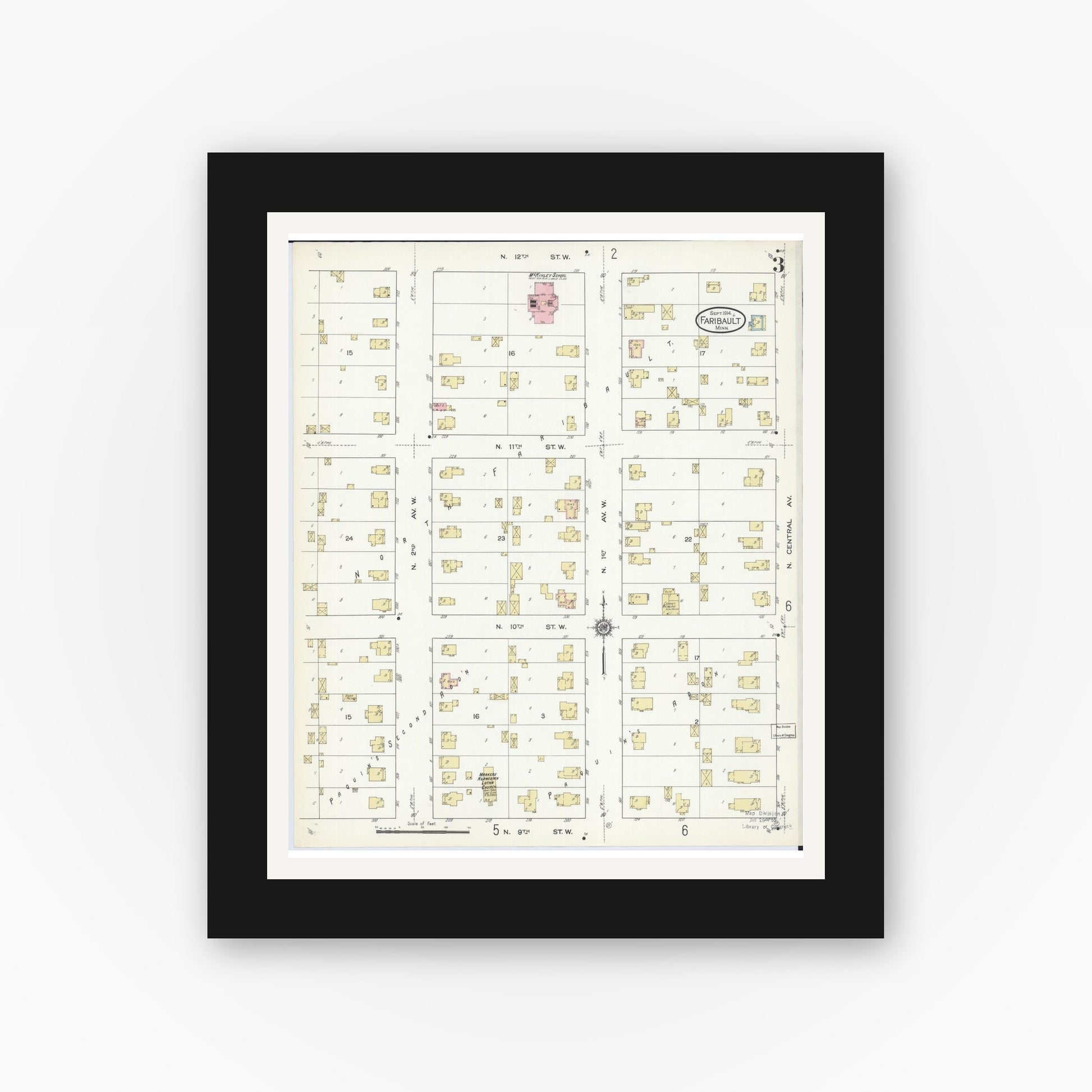 Old map wall art mockup — black gallery frame with white mat — Sanborn Fire Insurance Map from Faribault, Rice County, Minnesota (1914), Sheet #0003