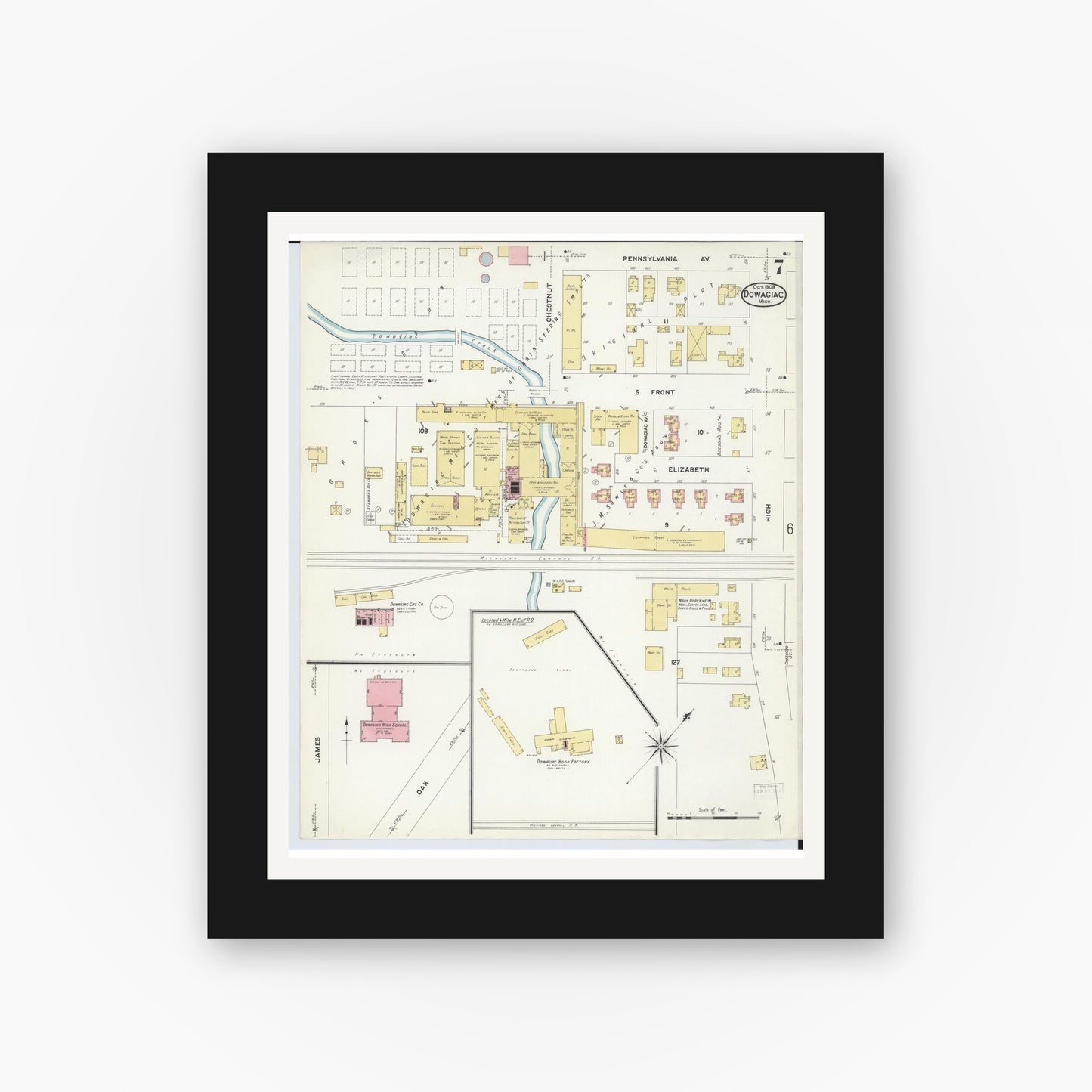 Old map wall art mockup — black gallery frame with white mat — Sanborn Fire Insurance Map from Dowagiac, Cass County, Michigan (1908), Sheet #0007