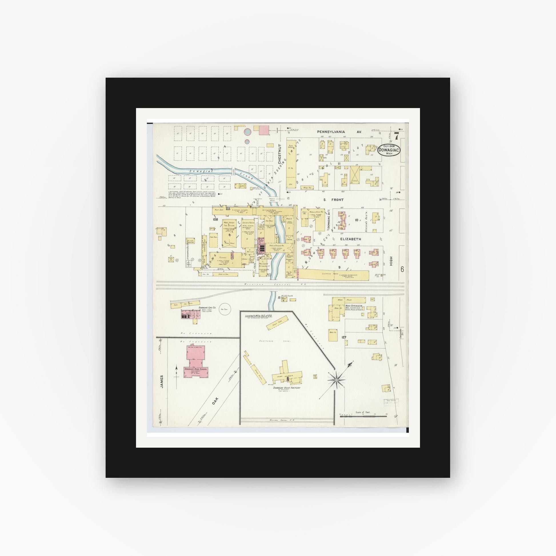 Old map wall art mockup — black gallery frame with white mat — Sanborn Fire Insurance Map from Dowagiac, Cass County, Michigan (1908), Sheet #0007