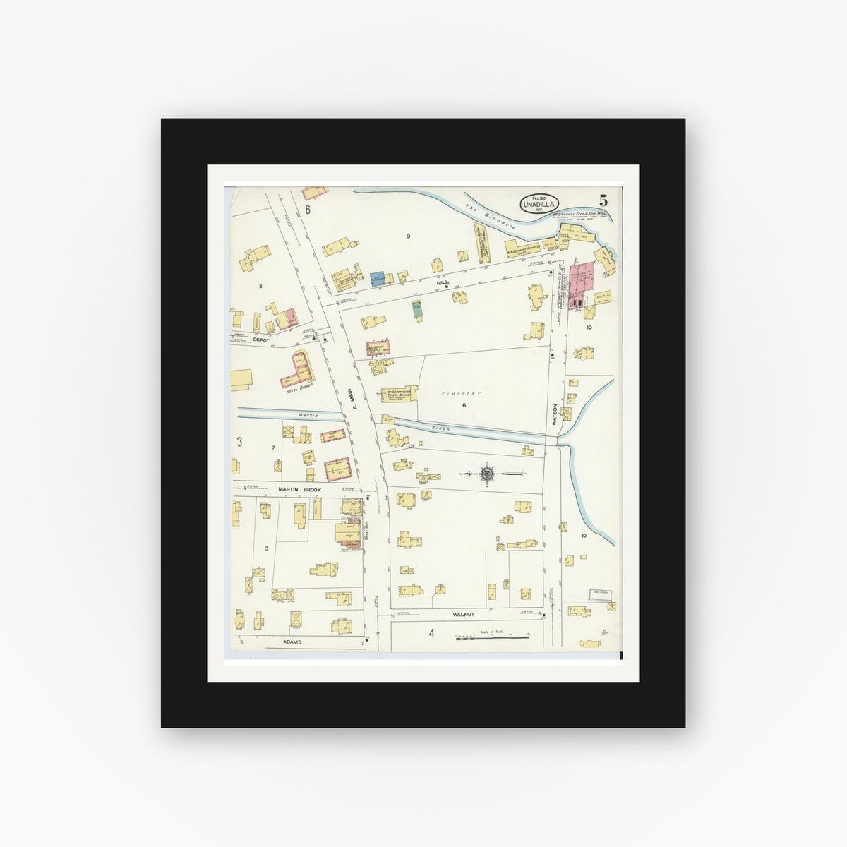 Old map wall art mockup — black gallery frame with white mat — Sanborn Fire Insurance Map from Unadilla, Otsego County, New York (1910), Sheet #0005