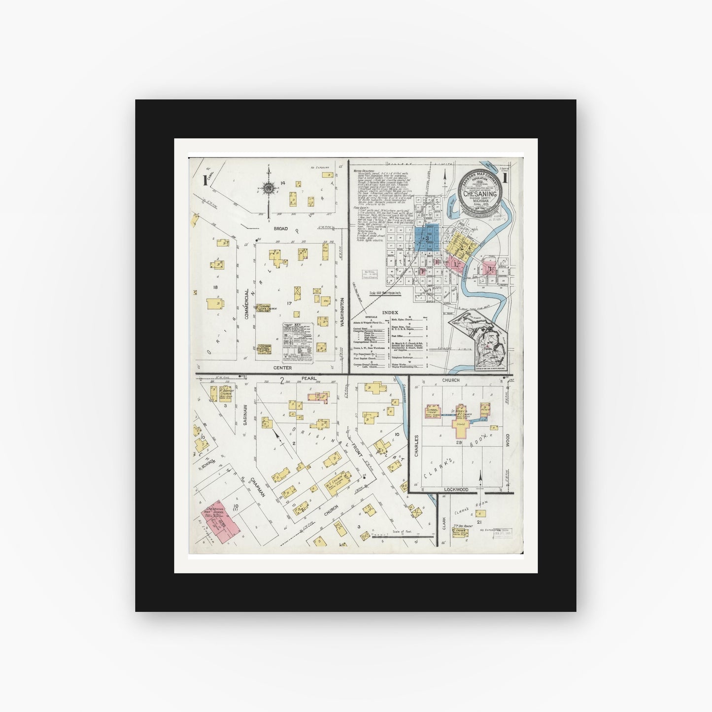 Old map wall art mockup — black gallery frame with white mat — Sanborn Fire Insurance Map from Chesaning, Saginaw County, Michigan (1925) - Complete Map Set