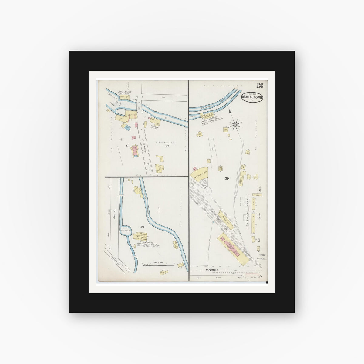 Old map wall art mockup — black gallery frame with white mat — Sanborn Fire Insurance Map from Morristown, Morris County, New Jersey (1890), Sheet #0012
