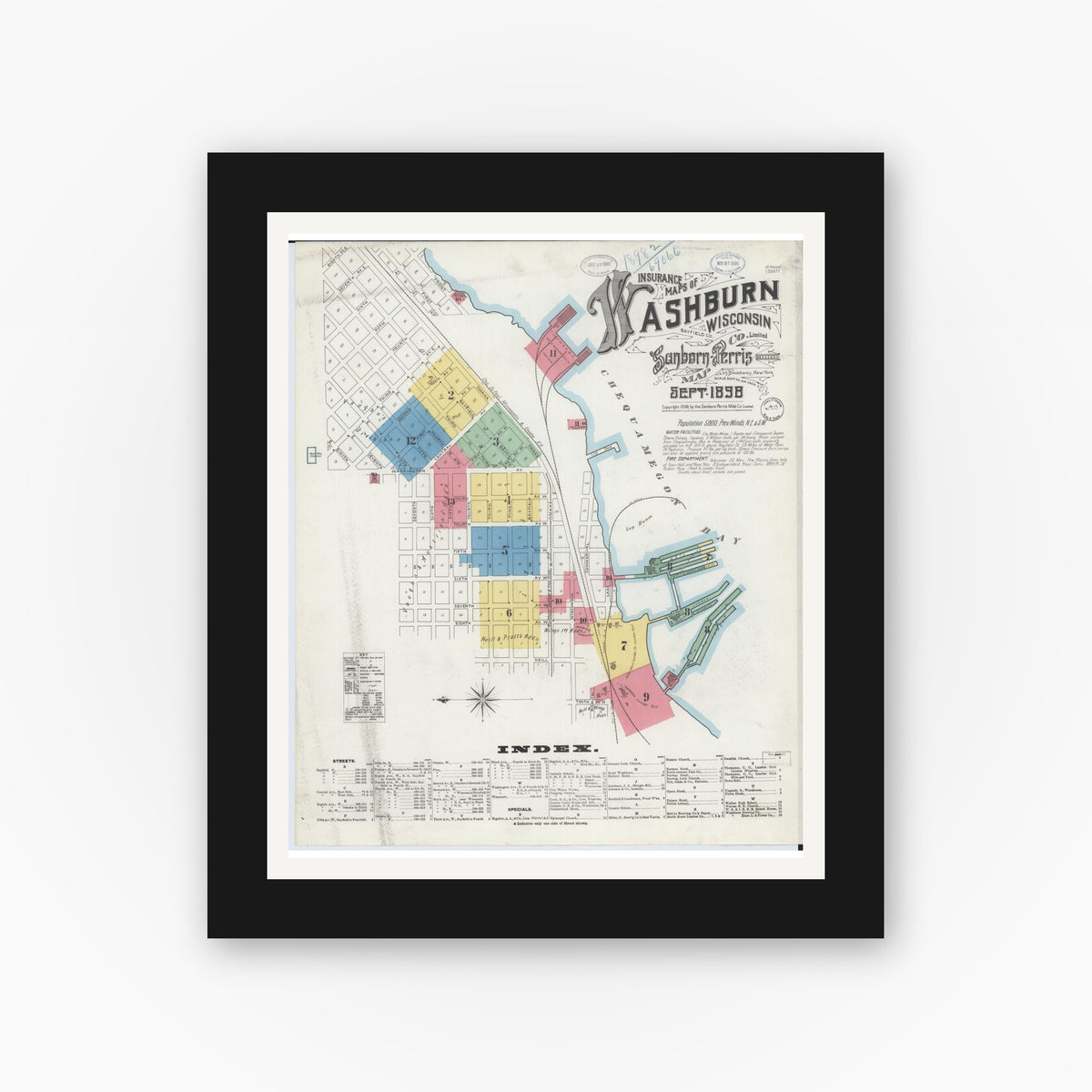 Old map wall art mockup — black gallery frame with white mat — Sanborn Fire Insurance Map from Washburn, Bayfield County, Wisconsin (1898), Sheet #0001