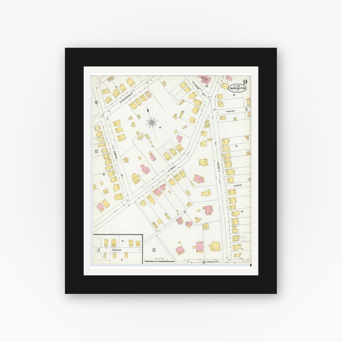 Old map wall art mockup — black gallery frame with white mat — Sanborn Fire Insurance Map from Washington, Washington County, Pennsylvania (1904), Sheet #0009