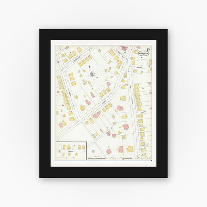 Old map wall art mockup — black gallery frame with white mat — Sanborn Fire Insurance Map from Washington, Washington County, Pennsylvania (1904), Sheet #0009