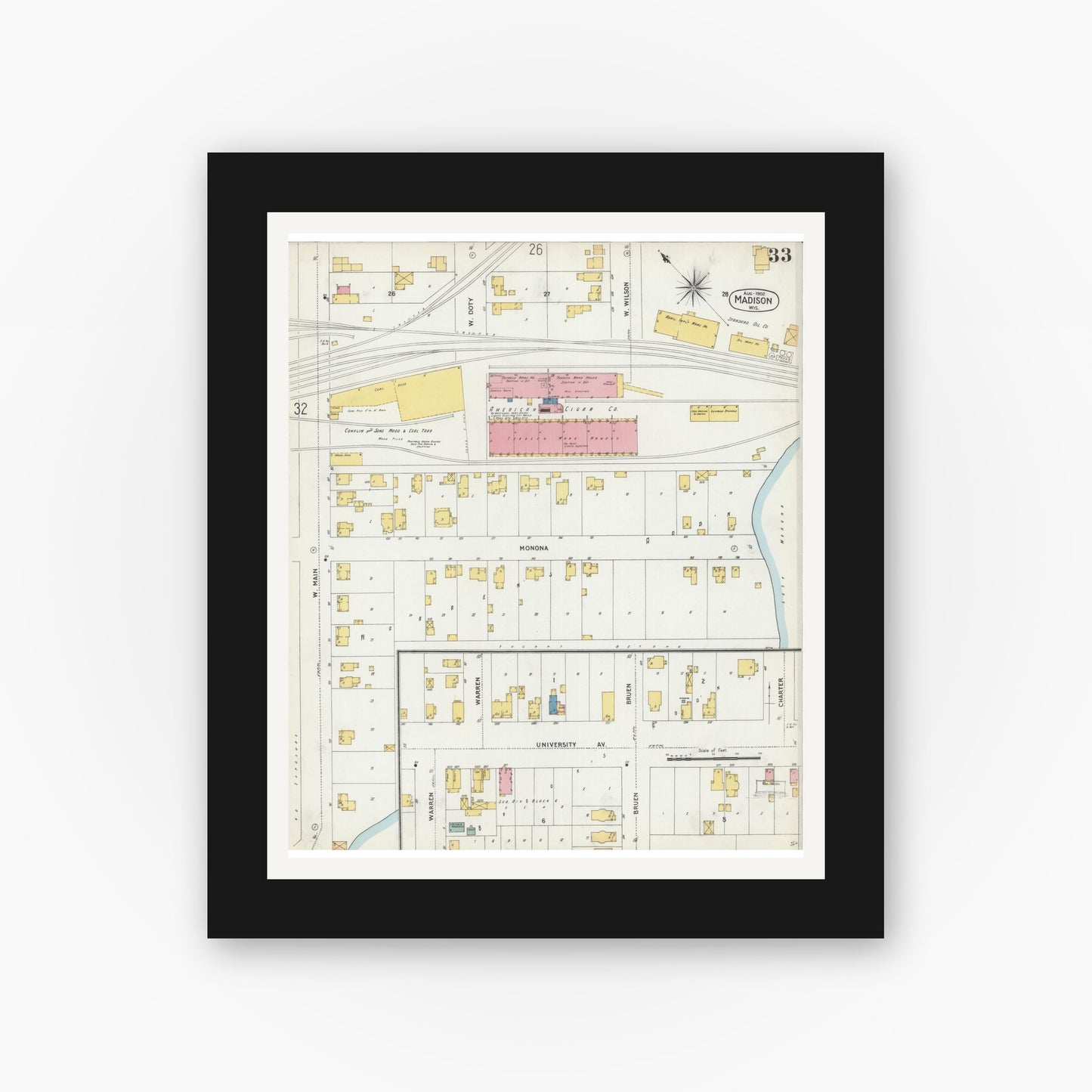 Old map wall art mockup — black gallery frame with white mat — Sanborn Fire Insurance Map from Madison, Dane County, Wisconsin (1902), Sheet #0033