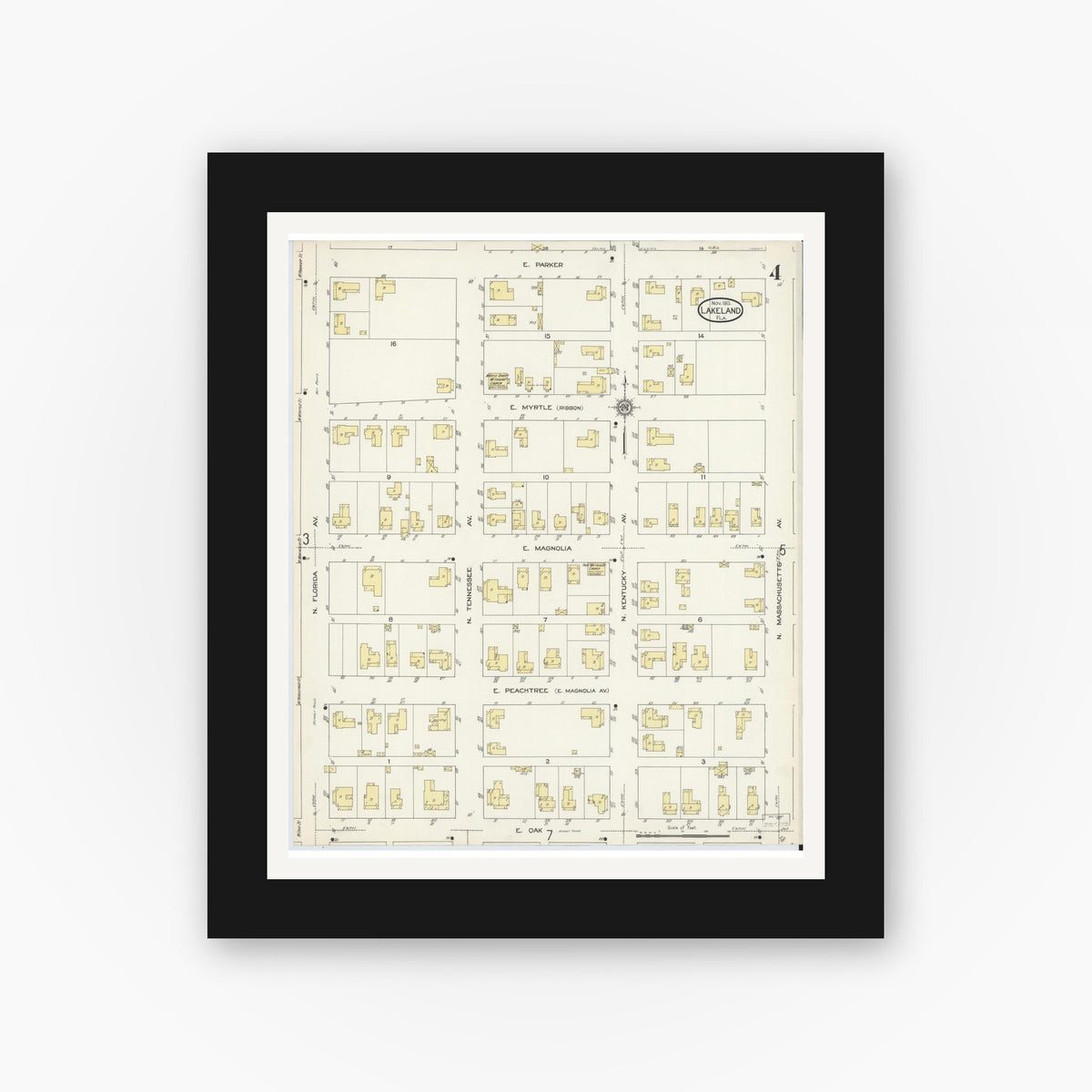 Old map wall art mockup — black gallery frame with white mat — Sanborn Fire Insurance Map from Lakeland, Polk County, Florida (1913), Sheet #0004