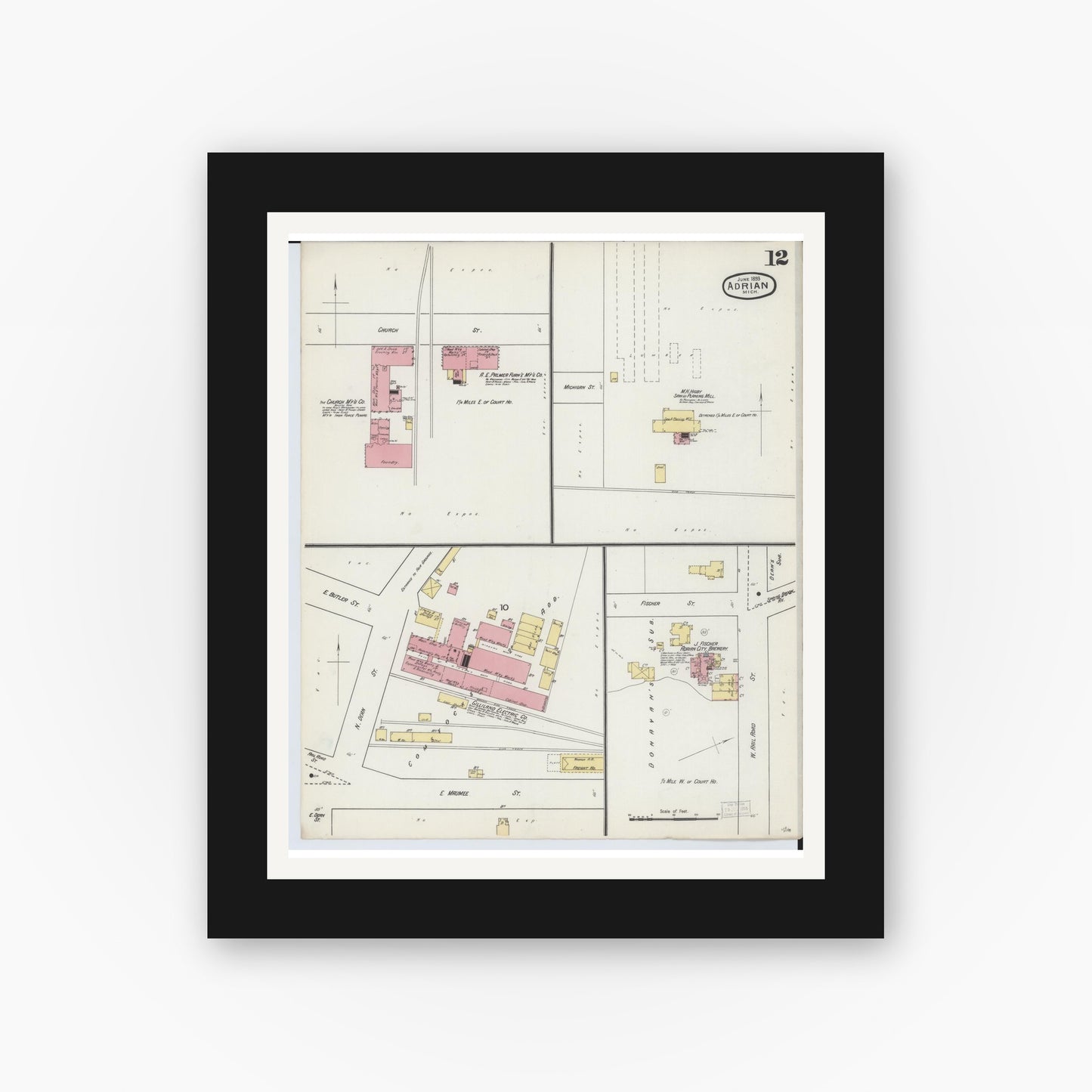 Old map wall art mockup — black gallery frame with white mat — Sanborn Fire Insurance Map from Adrian, Lenawee County, Michigan (1893), Sheet #0012