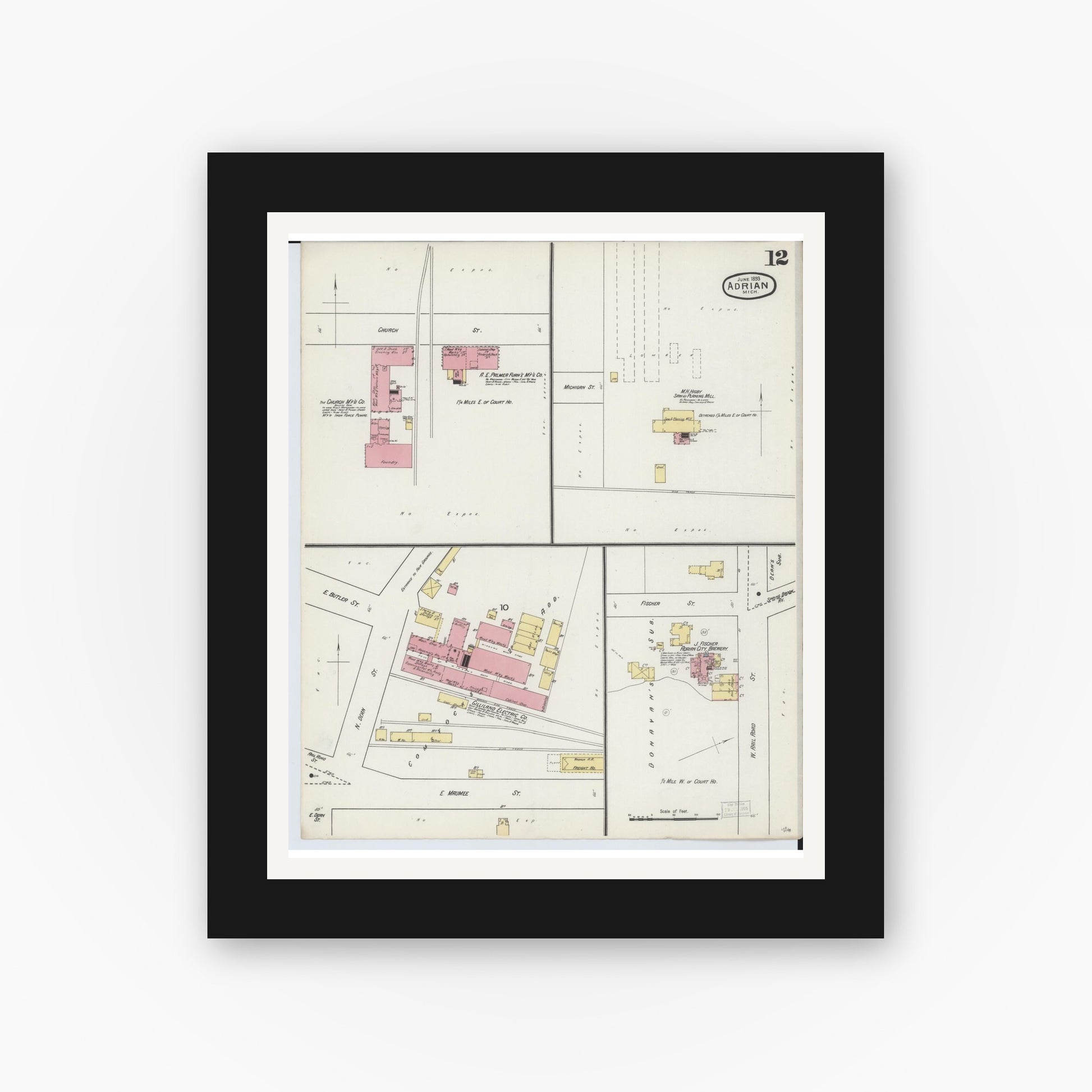 Old map wall art mockup — black gallery frame with white mat — Sanborn Fire Insurance Map from Adrian, Lenawee County, Michigan (1893), Sheet #0012