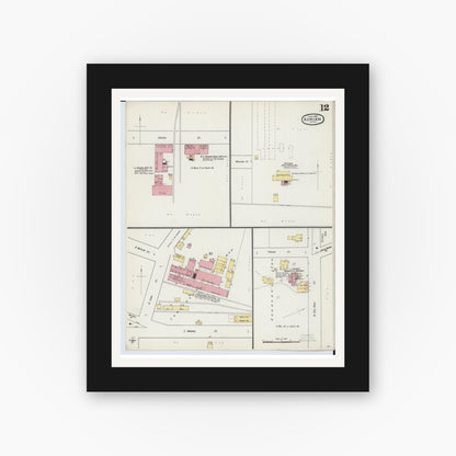 Old map wall art mockup — black gallery frame with white mat — Sanborn Fire Insurance Map from Adrian, Lenawee County, Michigan (1893), Sheet #0012