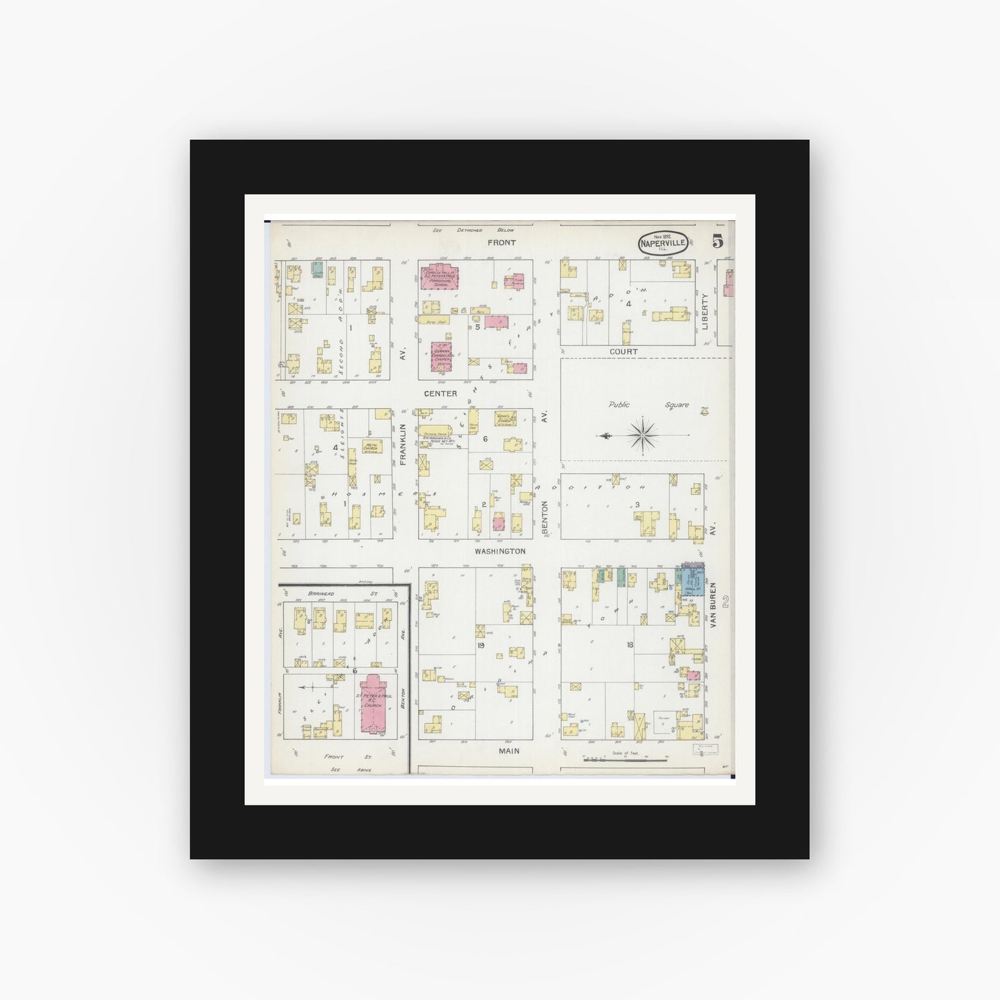 Old map wall art mockup — black gallery frame with white mat — Sanborn Fire Insurance Map from Naperville, Du Page County, Illinois (1892), Sheet #0005