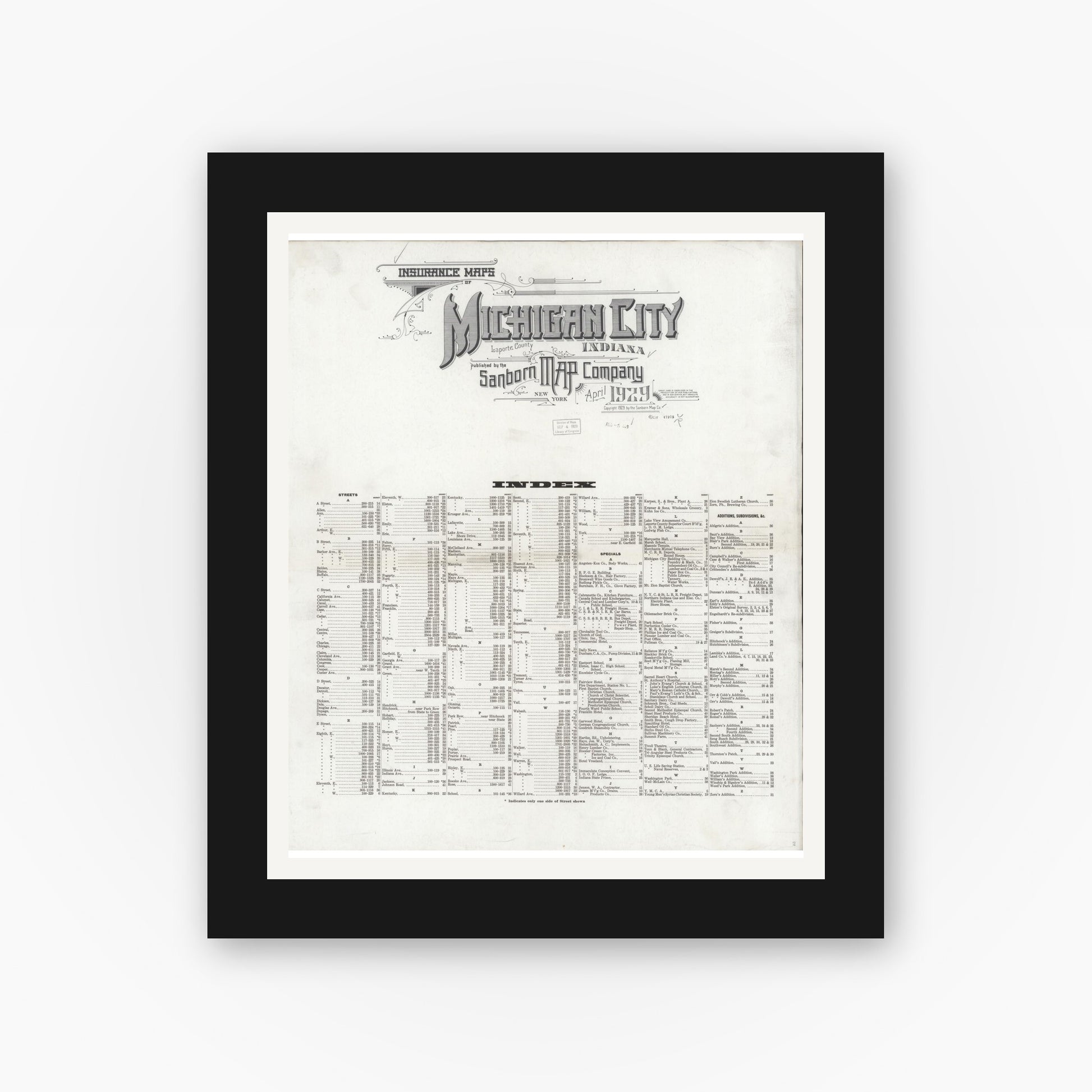Old map wall art mockup — black gallery frame with white mat — Sanborn Fire Insurance Map from Michigan City, La Porte County, Indiana (1929), Sheet #0001