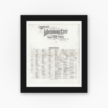 Old map wall art mockup — black gallery frame with white mat — Sanborn Fire Insurance Map from Michigan City, La Porte County, Indiana (1929), Sheet #0001