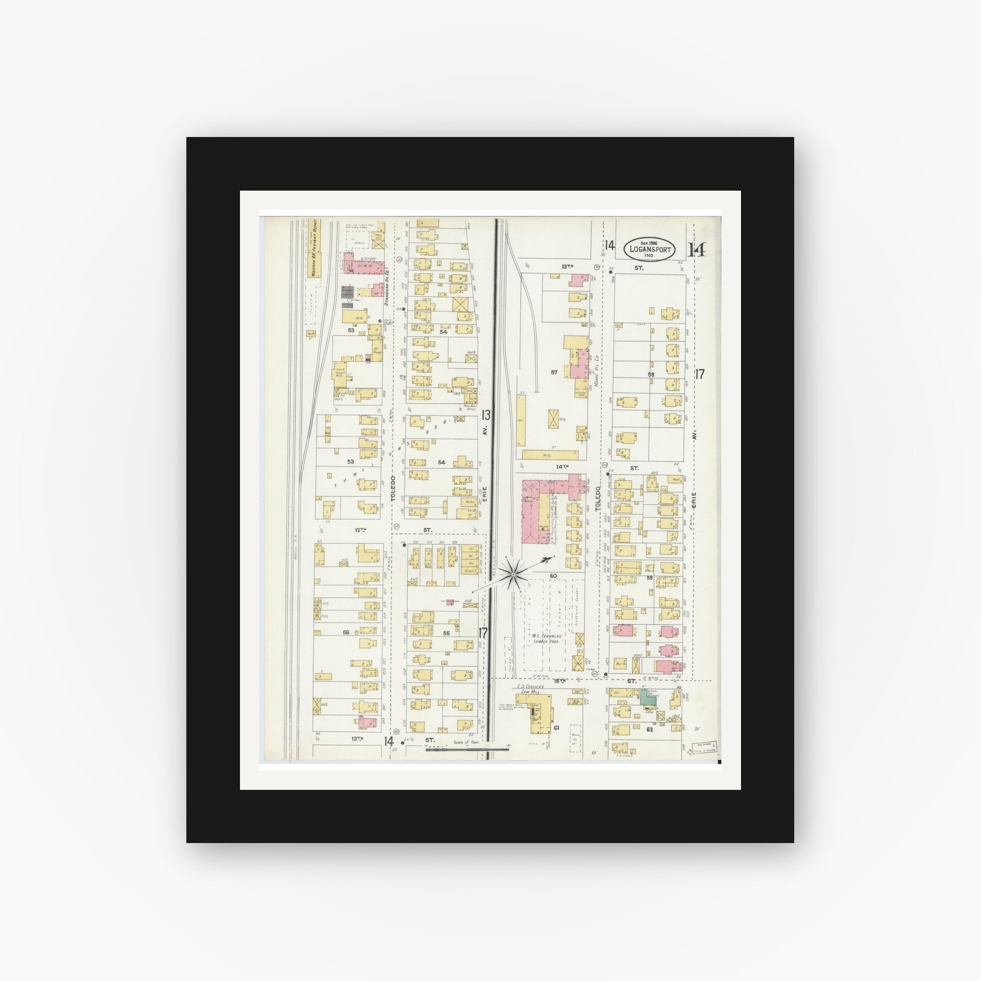 Old map wall art mockup — black gallery frame with white mat — Sanborn Fire Insurance Map from Logansport, Cass County, Indiana (1906), Sheet #0014
