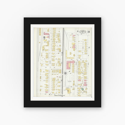 Old map wall art mockup — black gallery frame with white mat — Sanborn Fire Insurance Map from Logansport, Cass County, Indiana (1906), Sheet #0014