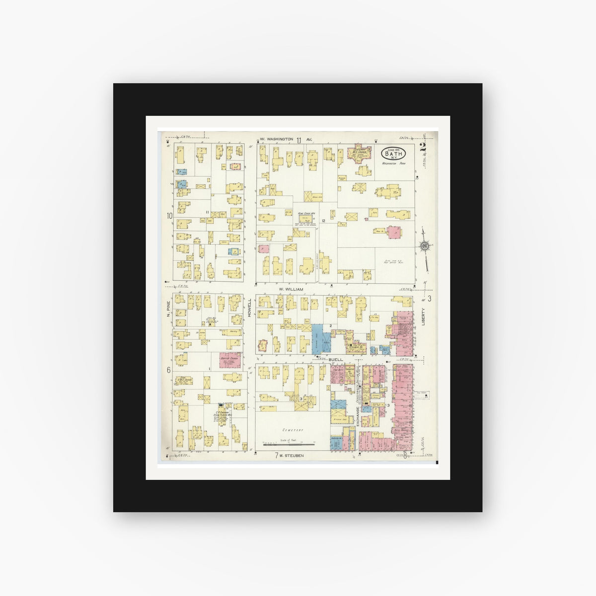 Old map wall art mockup — black gallery frame with white mat — Sanborn Fire Insurance Map from Bath, Steuben County, New York (1915), Sheet #0002