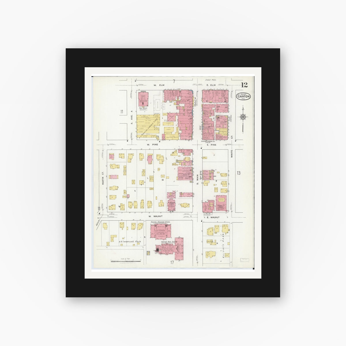 Old map wall art mockup — black gallery frame with white mat — Sanborn Fire Insurance Map from Canton, Fulton County, Illinois (1917), Sheet #0012