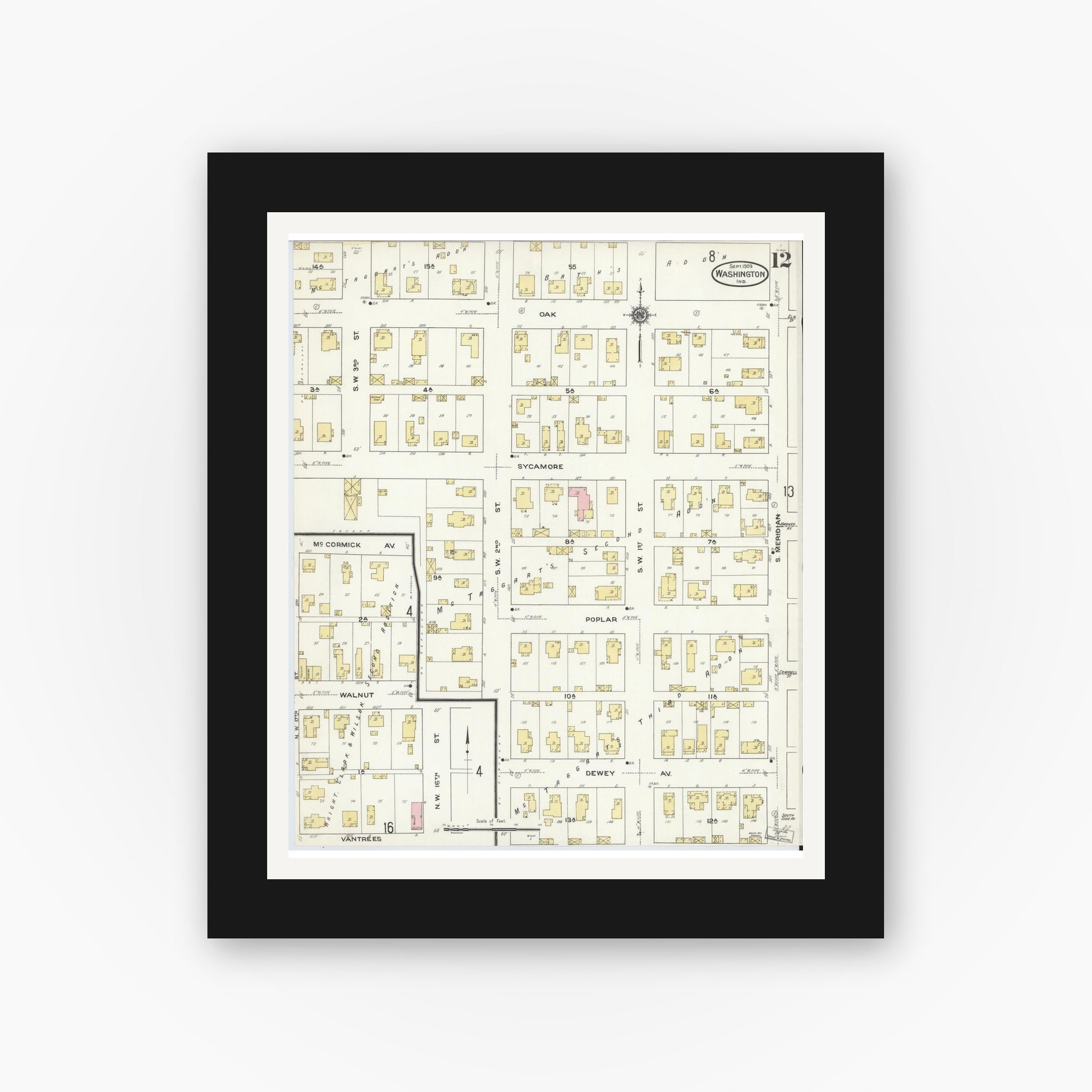Old map wall art mockup — black gallery frame with white mat — Sanborn Fire Insurance Map from Washington, Daviess County, Indiana (1909), Sheet #0012