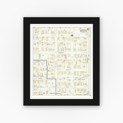 Old map wall art mockup — black gallery frame with white mat — Sanborn Fire Insurance Map from Washington, Daviess County, Indiana (1909), Sheet #0012
